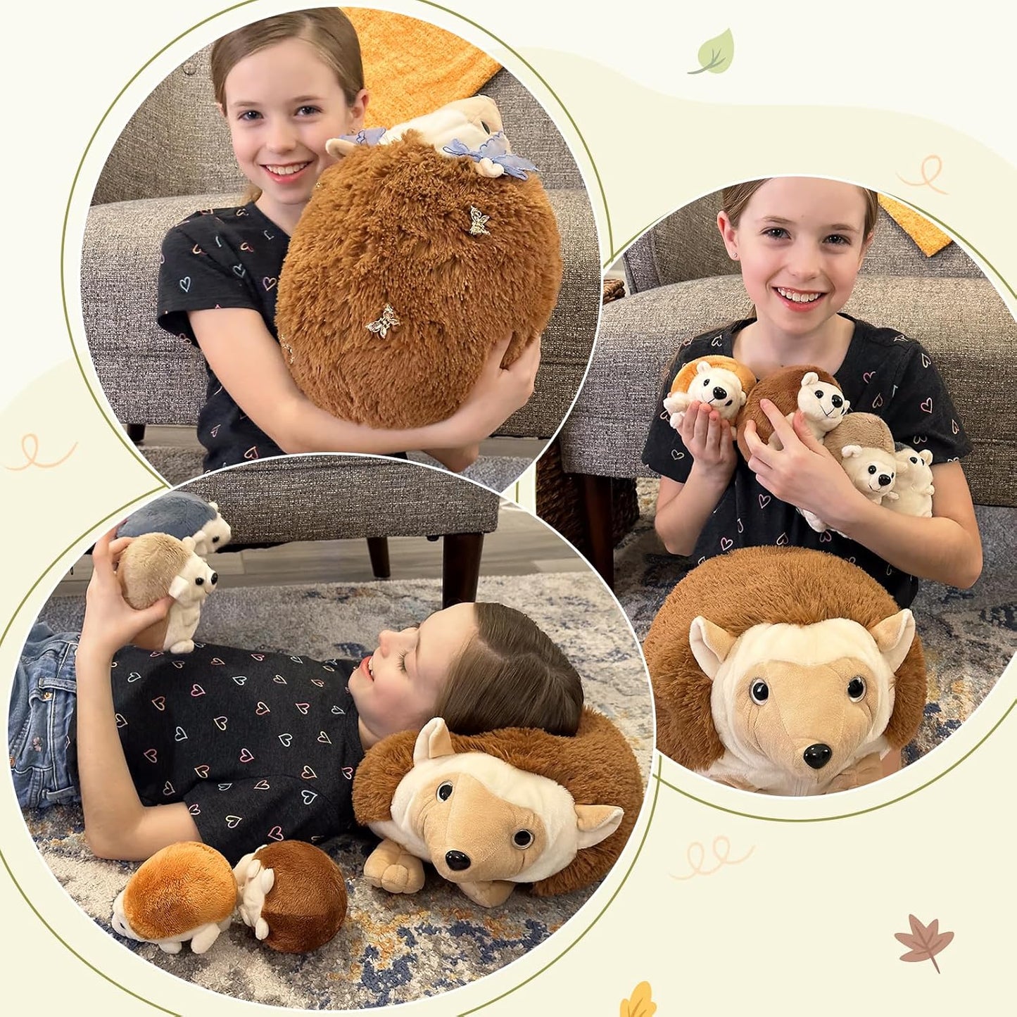 5 Pcs Hedgehog Stuffed Animals - Cute Hedgehog Plush Toys13.8 Inches - Stuffed Animal Babies with Their Moms - Cute Cartoon Hedgehog Plush Dolls - Stuffed Animals with Babies in the belly - Christmas Birthday Gift for Kids Teens Adults