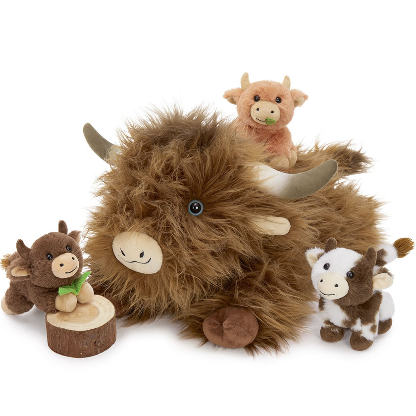 One Big Highland Cow with Three Calves - Highland Cattle Stuffed Animals with Babies inside the Belly - Lifelike Highland Cow Toys for Kids, Teens, Adults - Fluffy Baby Highland Cows - Farm Souvenirs - Farm Theme Party Favors