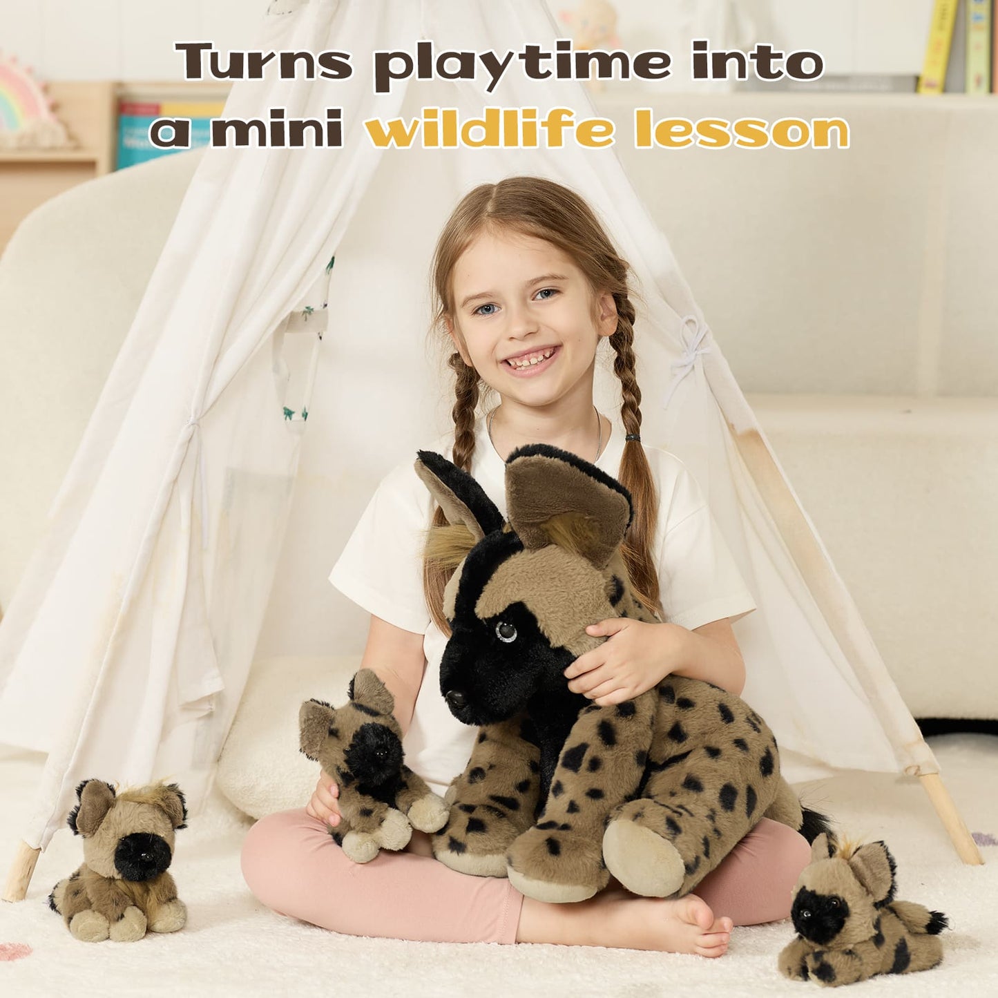 Child holding plush hyena toys with text about playtime and wildlife education