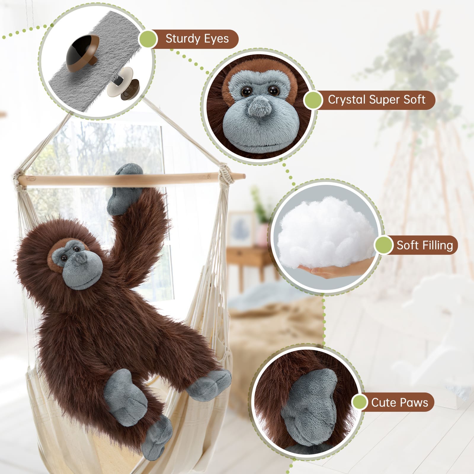 Long Arm Ape Stuffed Animals - Lifelike Monkey Plush Toys, Dark Brown, 18 Inches - Jungle/Safari Stuffed Animals - Forest Zoo Theme Party Decors