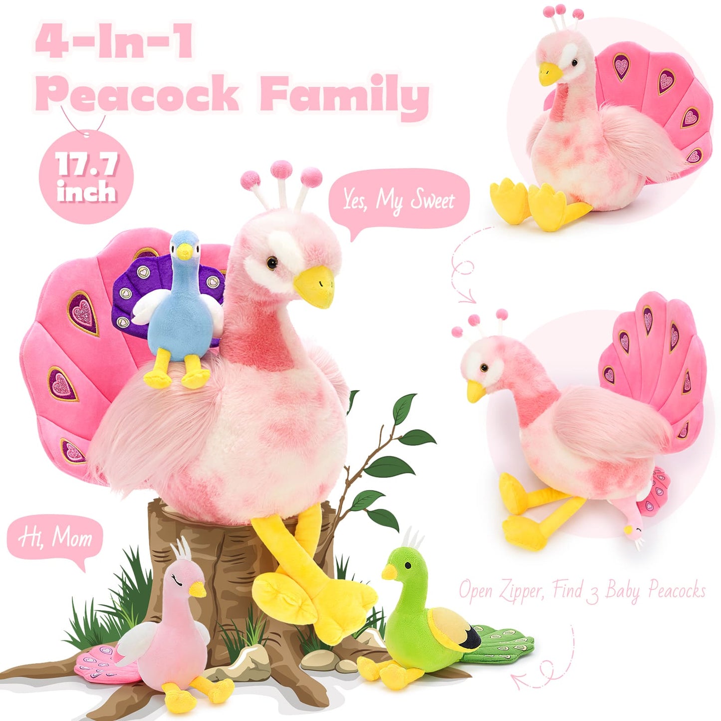 Cute peacock plush toy with baby peacock chicks featuring fluffy fabric and vibrant feather details