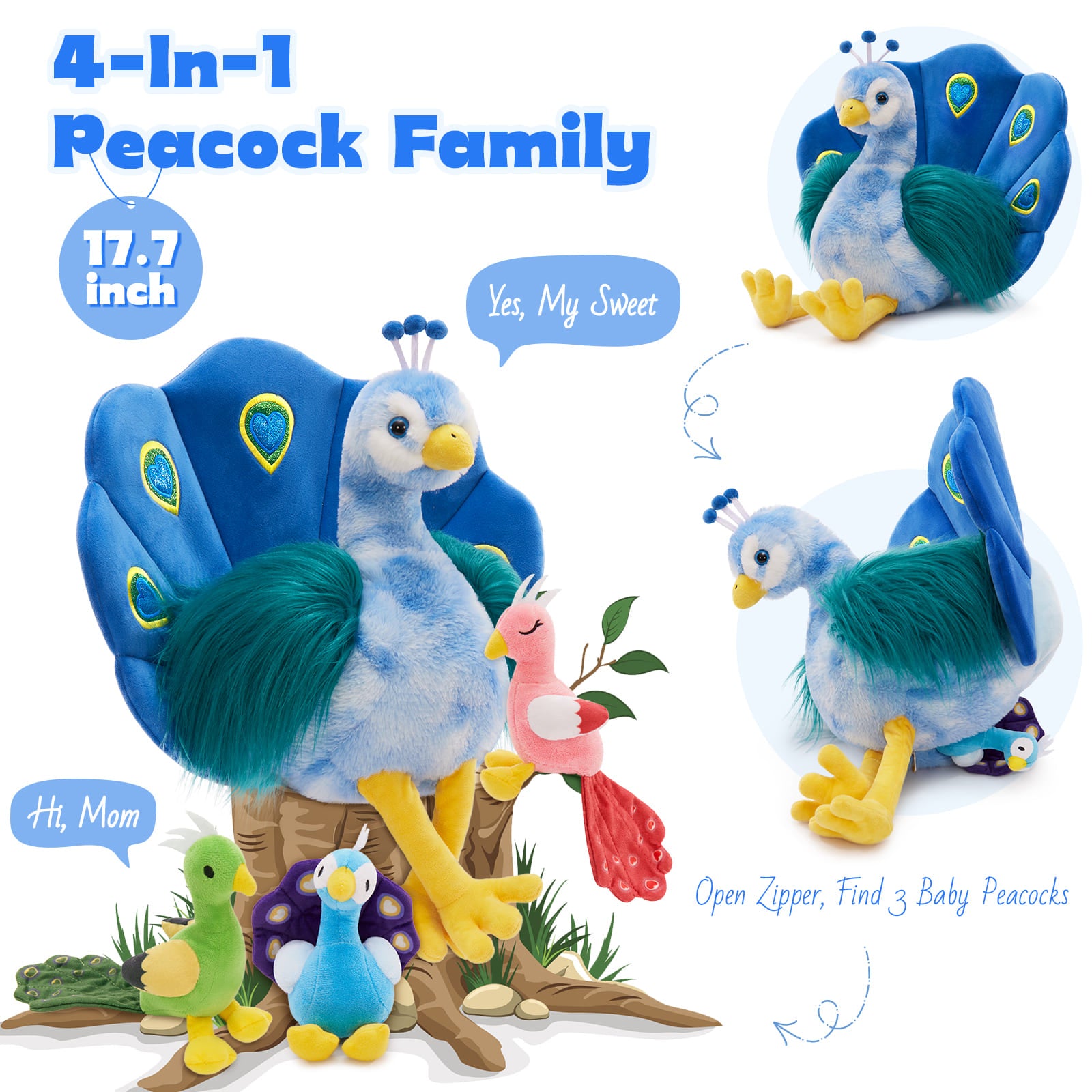 4 Pcs Peacock Stuffed Animals, Blue, 17.7 Inches