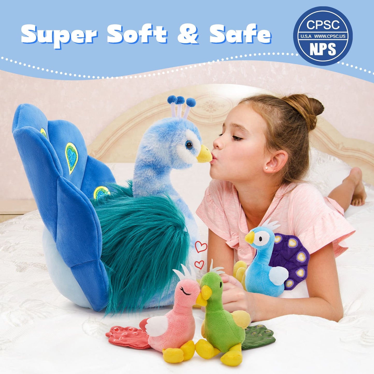 4 Pcs Lifelike Peacock Stuffed Animals - Stuffed Animals Peacock Babies with Their Mom - Peacock Stuffed Animals with Babies in the Belly - Zoo Souvenirs for Children - Birthday Christmas Thanksgiving Day Gift Ideas