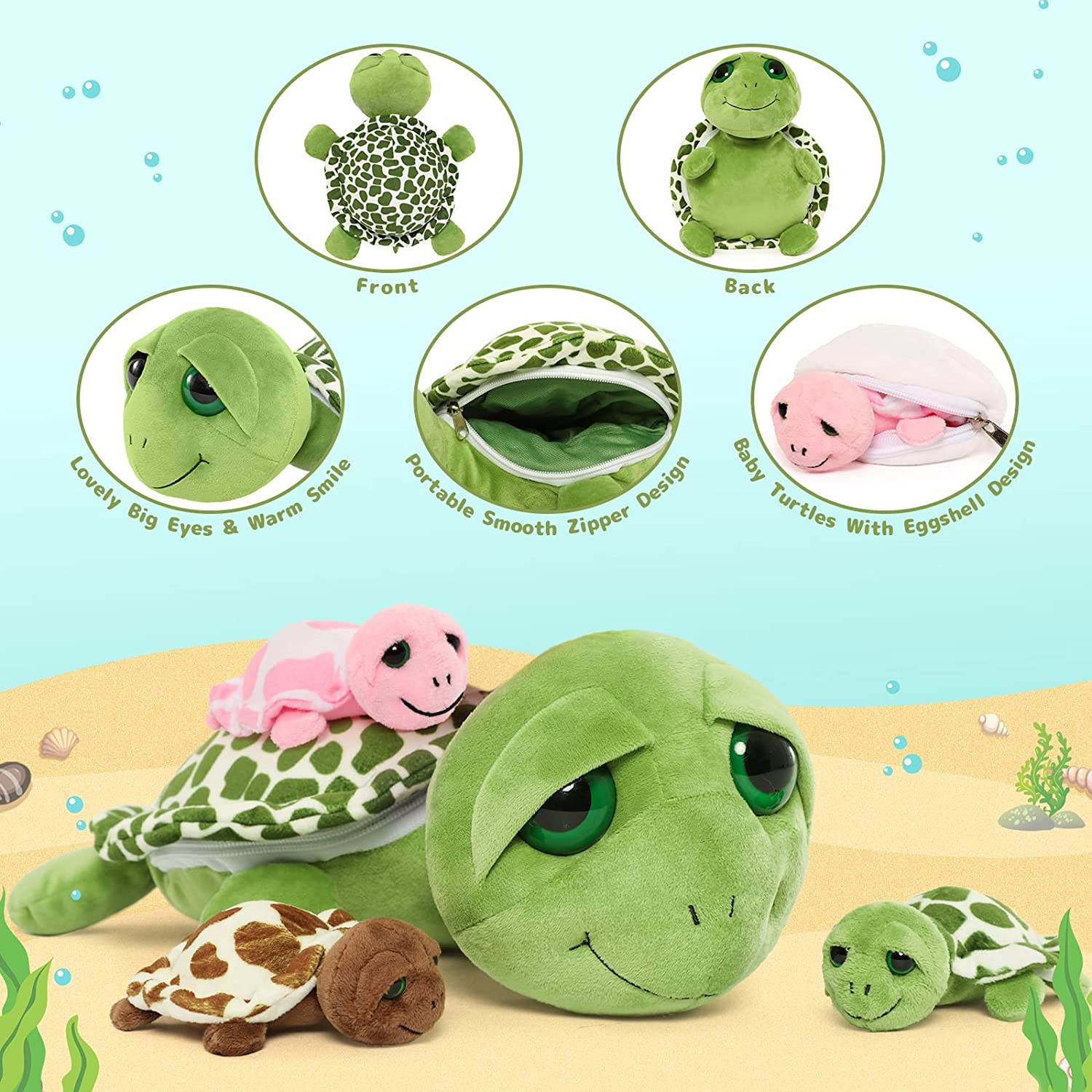 Cute Sea Turtle Stuffed Toy Set, Green/Pink, 14 Inches