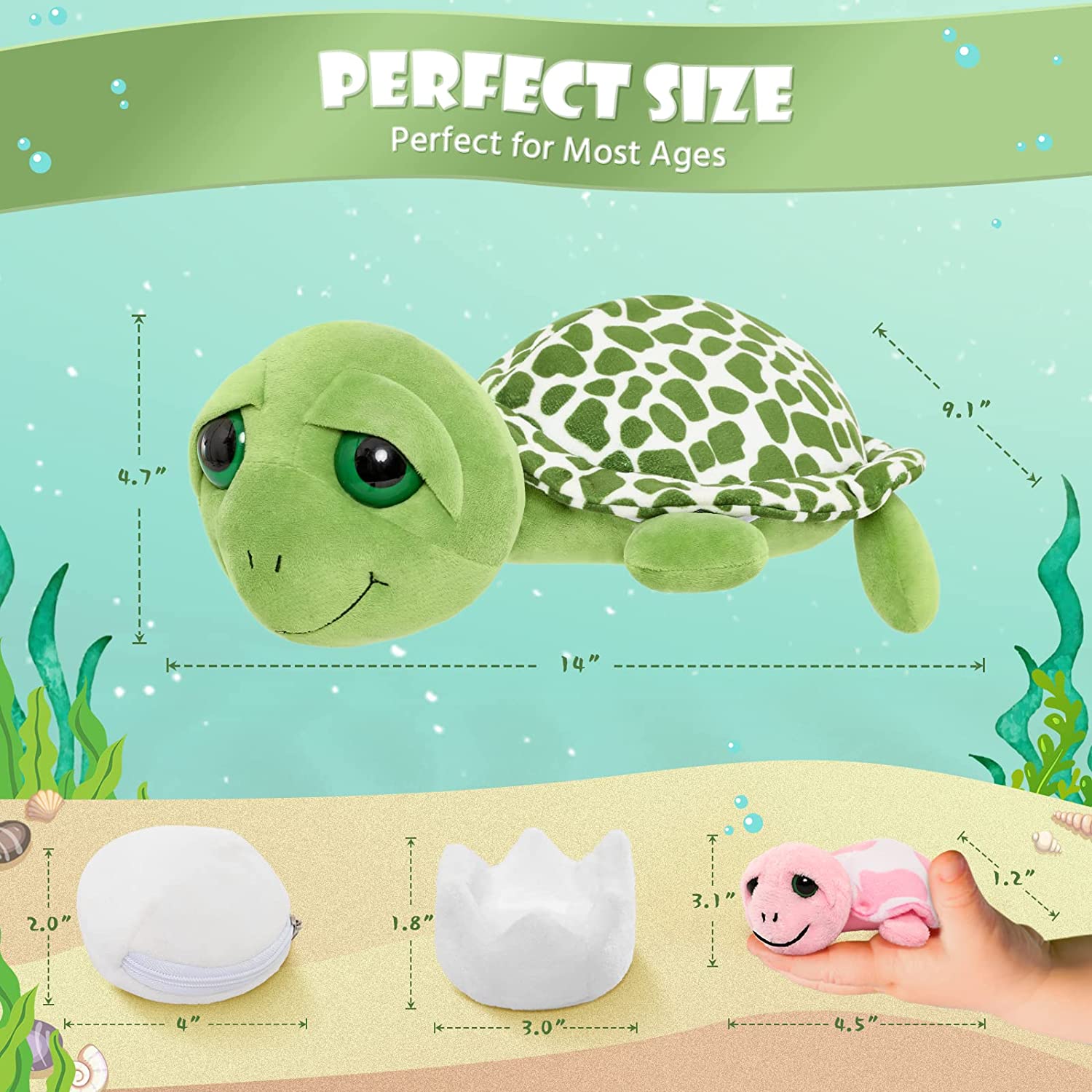Cute Sea Turtle Stuffed Toy Set, Green/Pink, 14 Inches