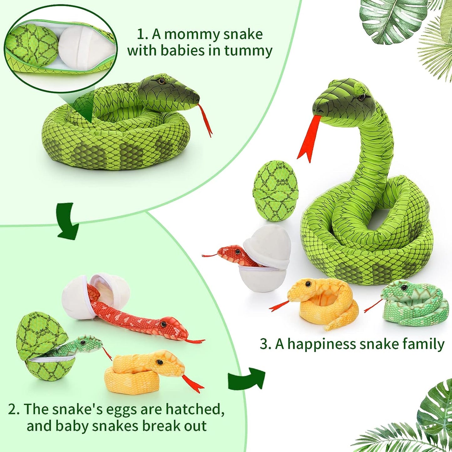 6 Pcs Realistic Snake Stuffed Animals - Snake Stuffed Animal Babies with Their Mom - Simulation Python Plush Dolls for Girls Boys - Stuffed Animals with Babies Inside - Cool Boa Plush Toys - Creative Christmas/Birthday Gift for Kids Teens Adults