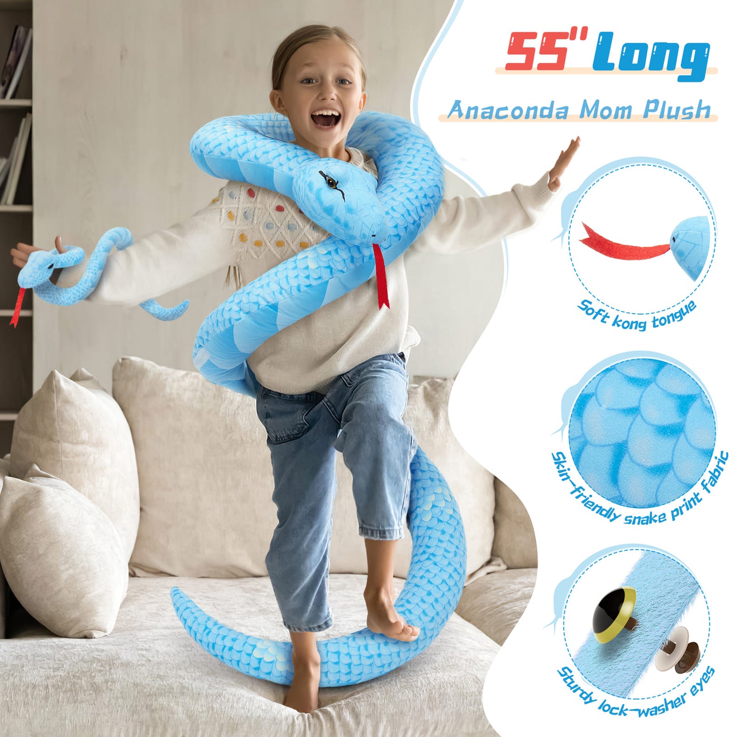 Realistic Snake Stuffed Animals - Boa Stuffed Animals with Babies Inside the Belly - Snake Stuffed Animal Babies with Their Mom - Jungle Safari Baby Shower Decorations - A Giant Long Snake, Three Mini Snakes and Two Snake Eggs