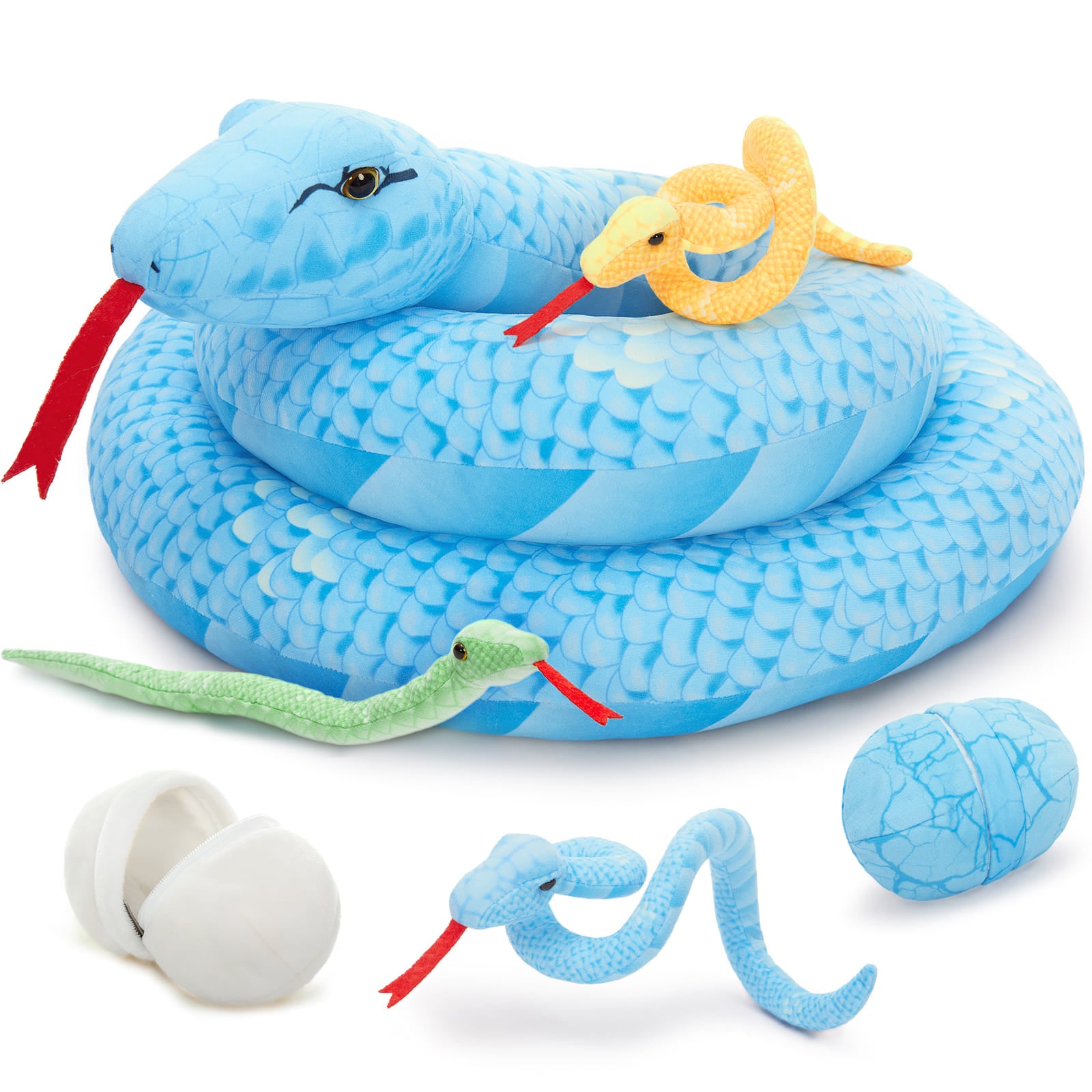 Realistic Snake Stuffed Animals - Boa Stuffed Animals with Babies Inside the Belly - Snake Stuffed Animal Babies with Their Mom - Jungle Safari Baby Shower Decorations - A Giant Long Snake, Three Mini Snakes and Two Snake Eggs
