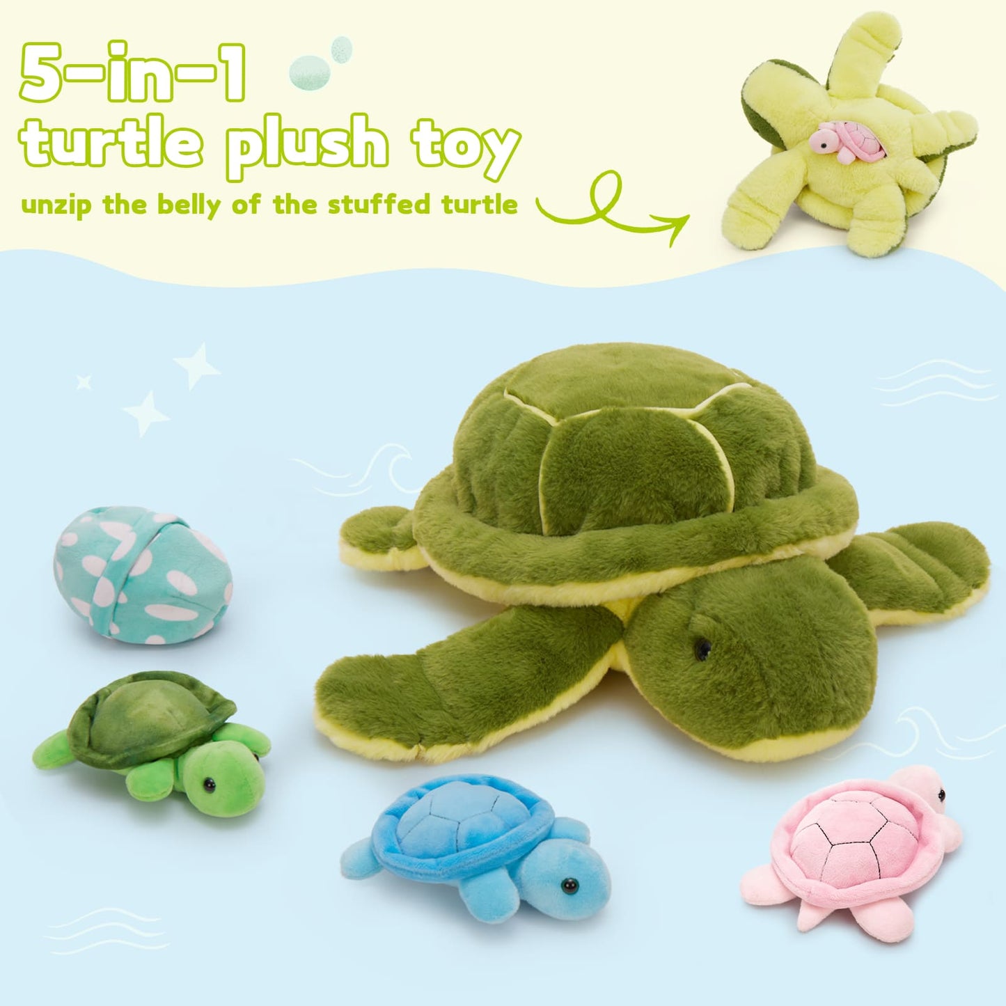 5 Pcs Turtle Stuffed Animals Set - Three Turtle Stuffed Animal Babies with Their Moms - Turtle Stuffed Animals with Babies in the Belly - Oceanarium Aquarium Souvenirs - Christmas Birthday Gift Ideas for Girls Boys