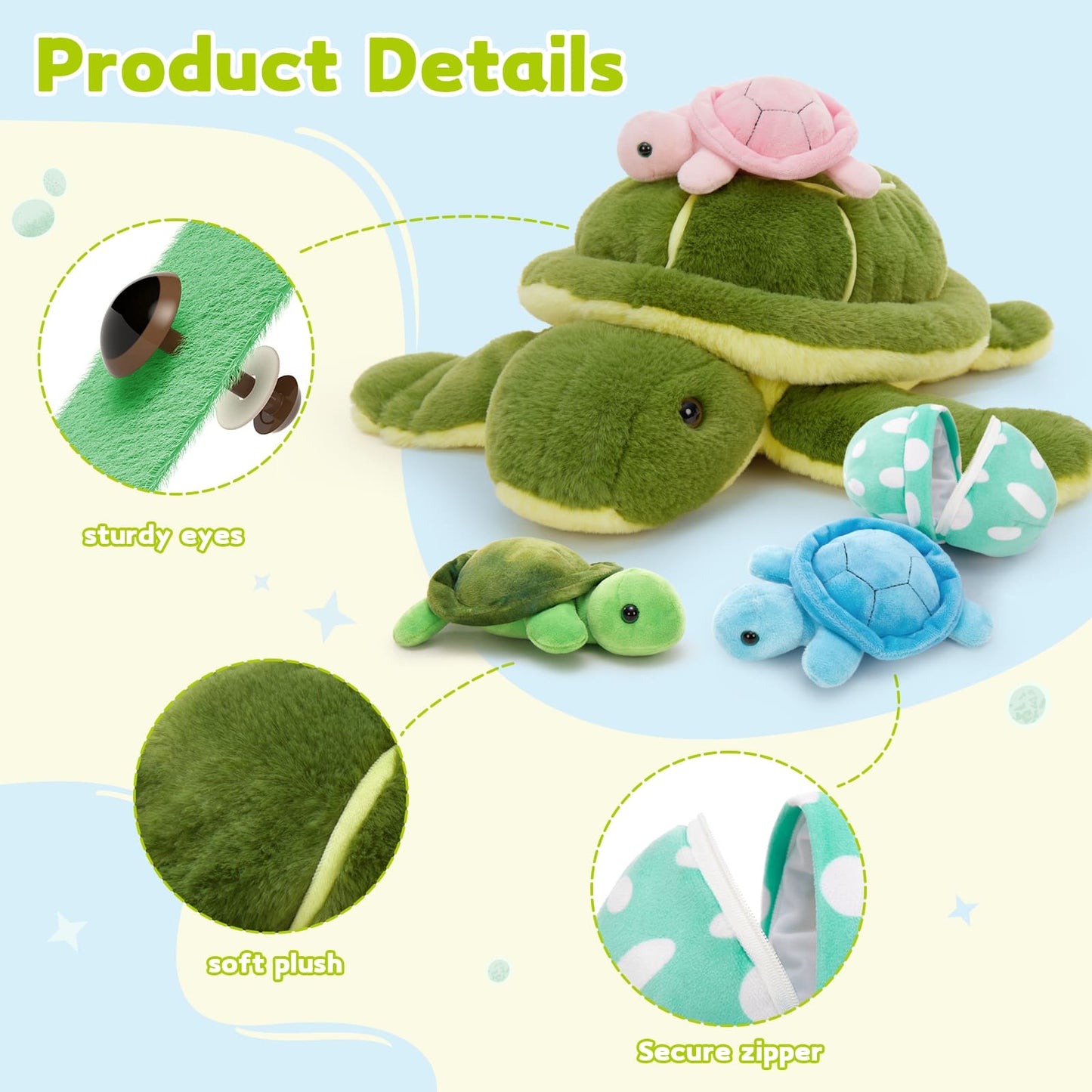 5 Pcs Turtle Stuffed Animals Set - Three Turtle Stuffed Animal Babies with Their Moms - Turtle Stuffed Animals with Babies in the Belly - Oceanarium Aquarium Souvenirs - Christmas Birthday Gift Ideas for Girls Boys