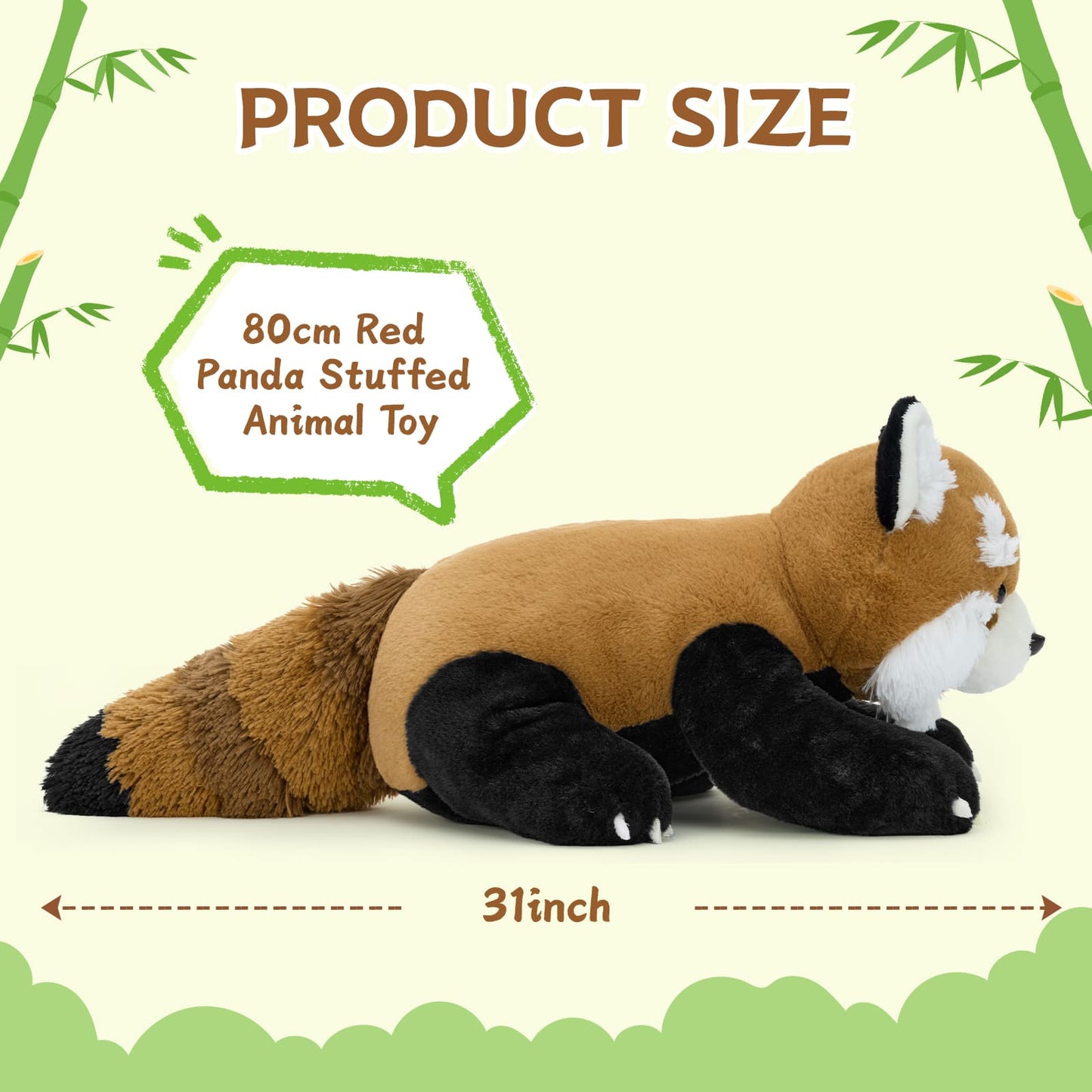 Red panda stuffed animal toy with product size information on a green and beige background