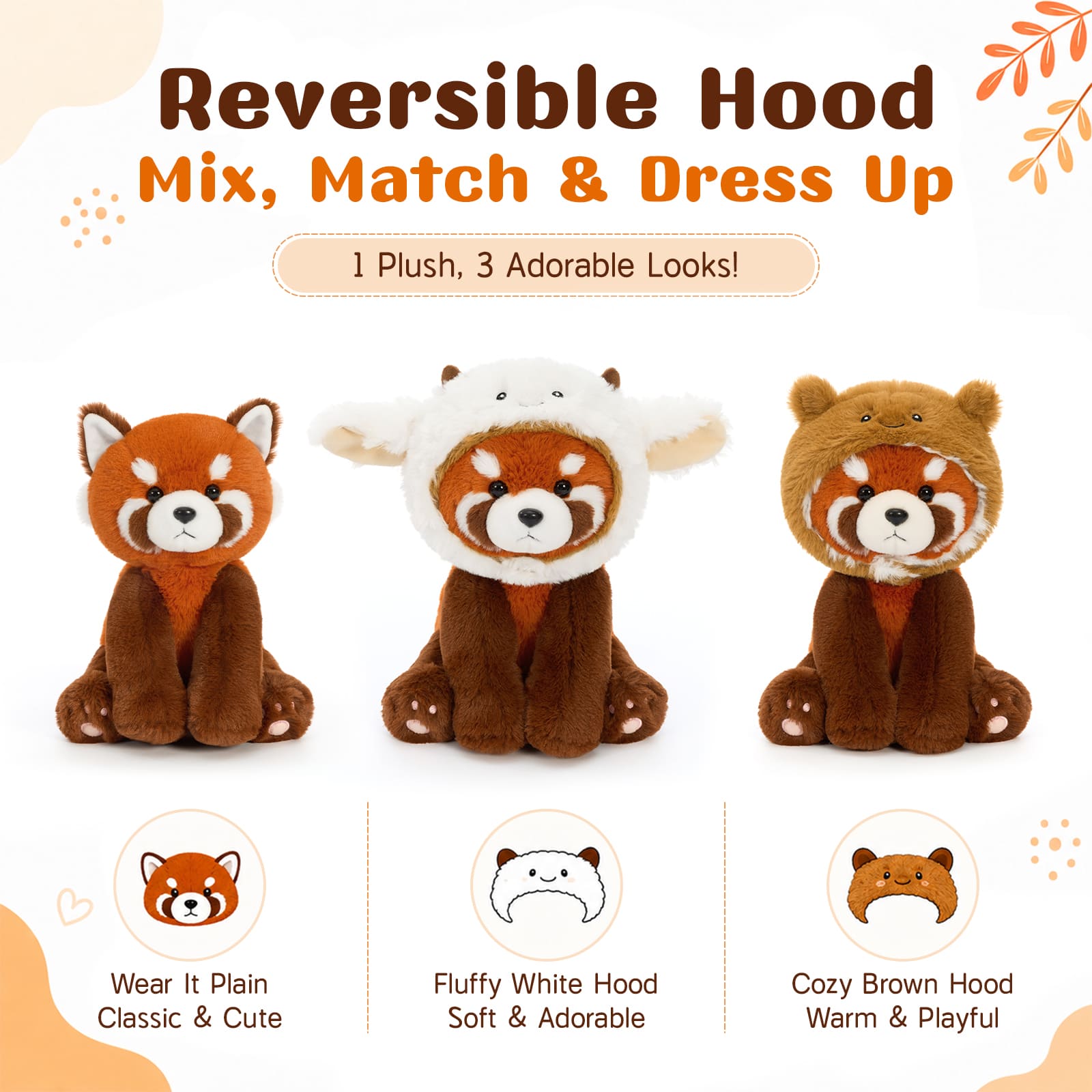 3 Pcs Red Panda Plush Toy Set with 2 Adorable Hood Styles