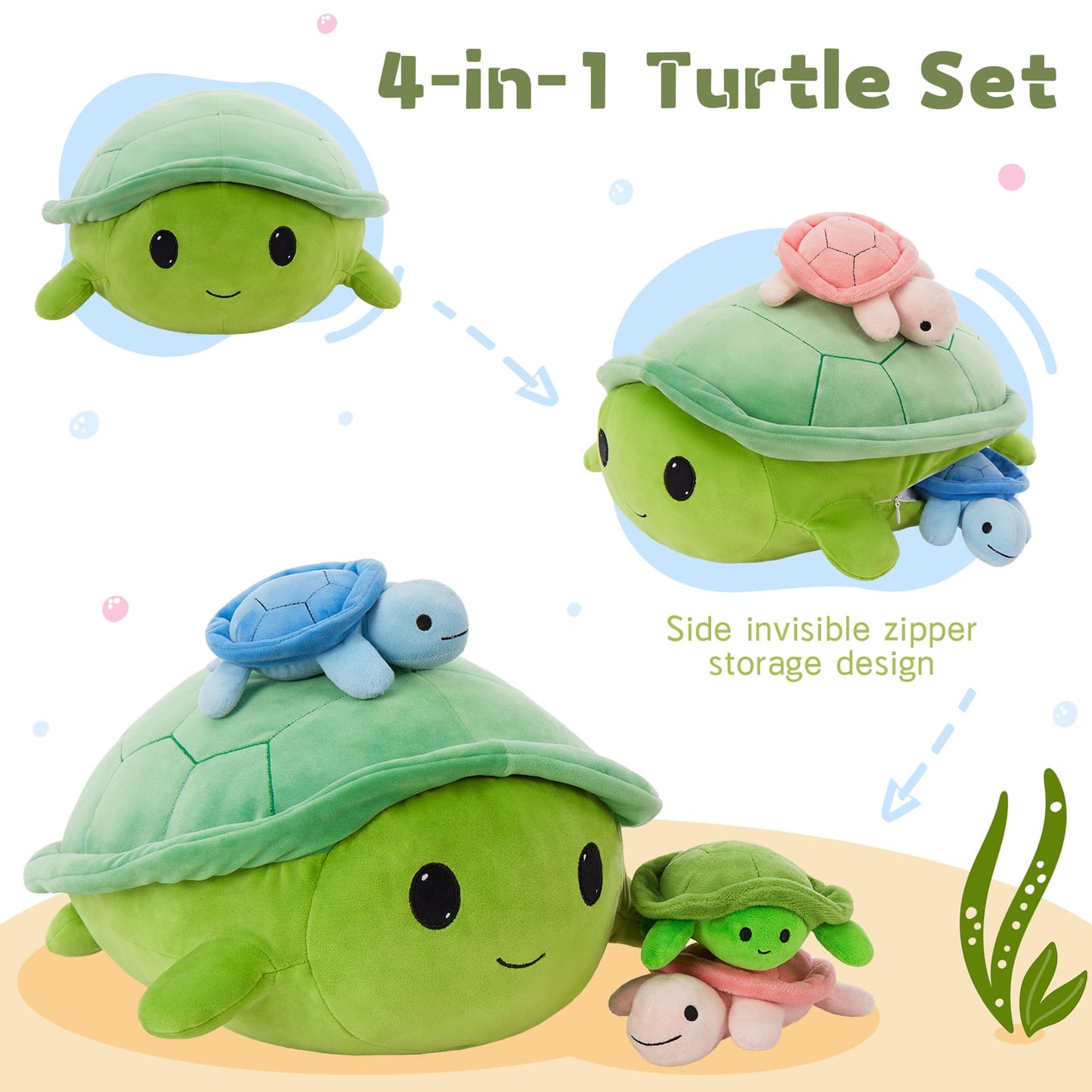 Retracting Head Turtle Stuffed Animals - Turtle Stuffed Animal Babies with Their Mom - Turtle Stuffed Animals with Babies in the Belly - Christmas/Birthday/Baby Shower Gift Ideas - MorisMos Stuffed Animals - Free Shipping Now