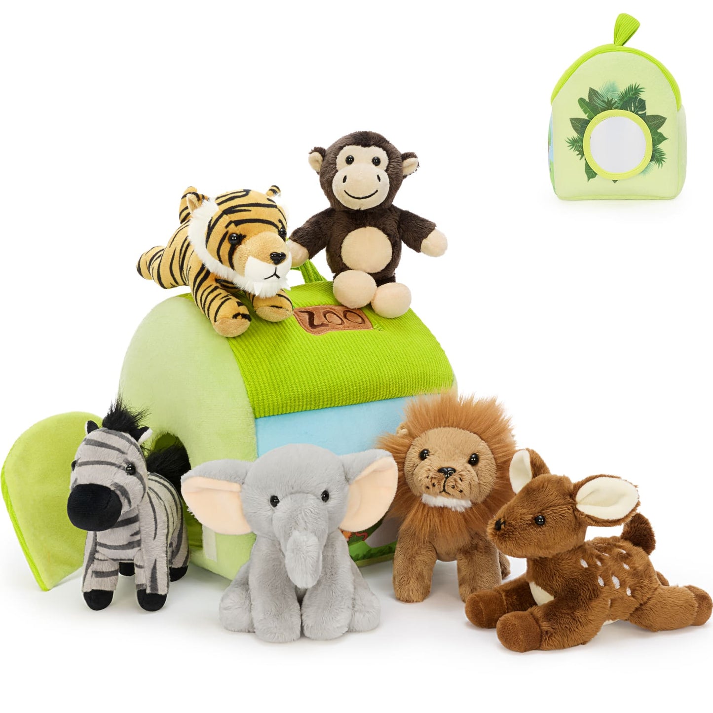 Safari zoo animal plush playhouse set featuring soft stuffed lion, elephant, zebra, monkey, tiger, and deer toys for toddlers and young children.