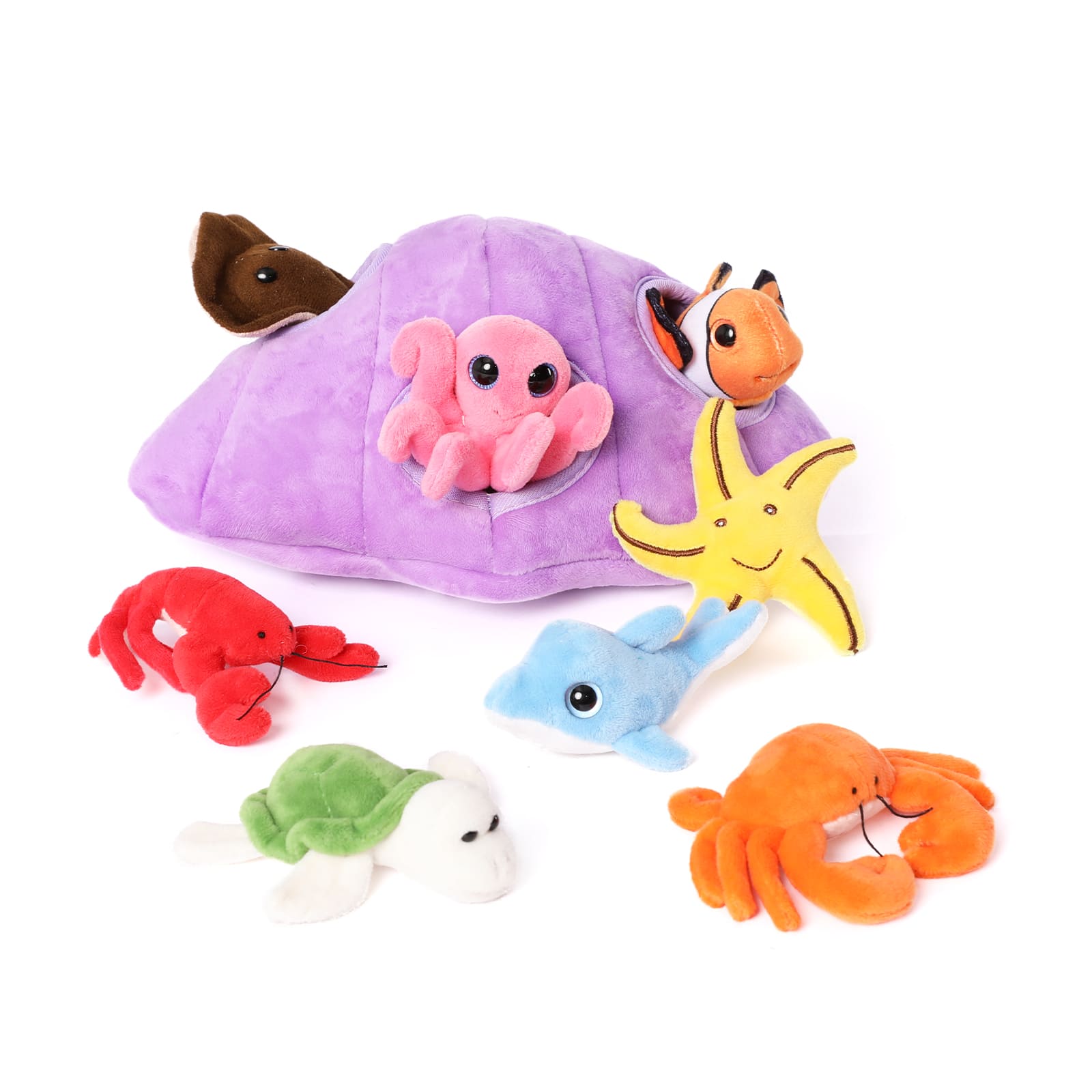Cute and soft ocean animal plush toy set featuring multiple sea creatures like lobster, clownfish, octopus, and crab, ideal for kids imaginative play and sensory development
