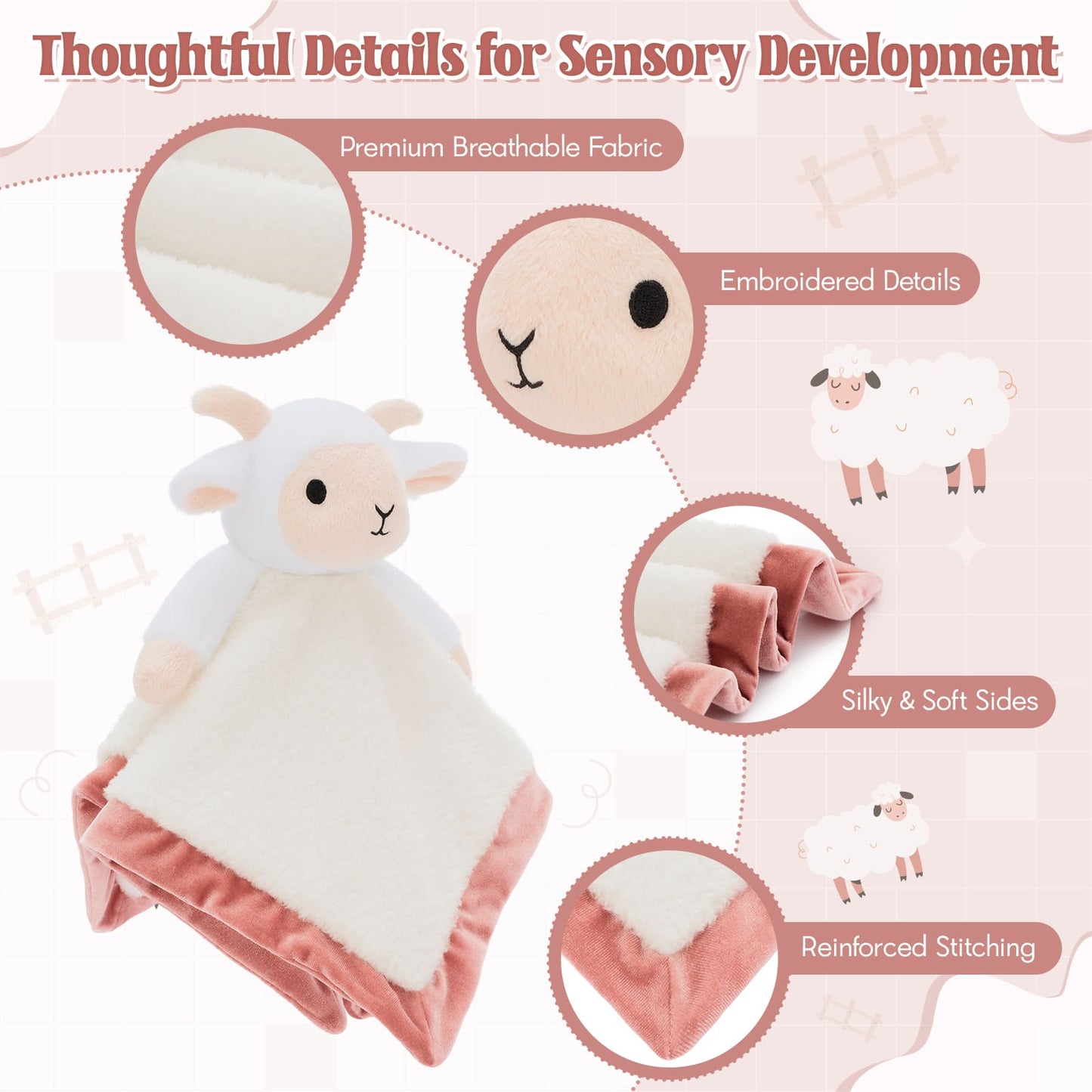 Baby comfort lovey blanket with adorable plush sheep design made from soft fabric for newborns, infants, and toddlers to provide warmth and emotional security.