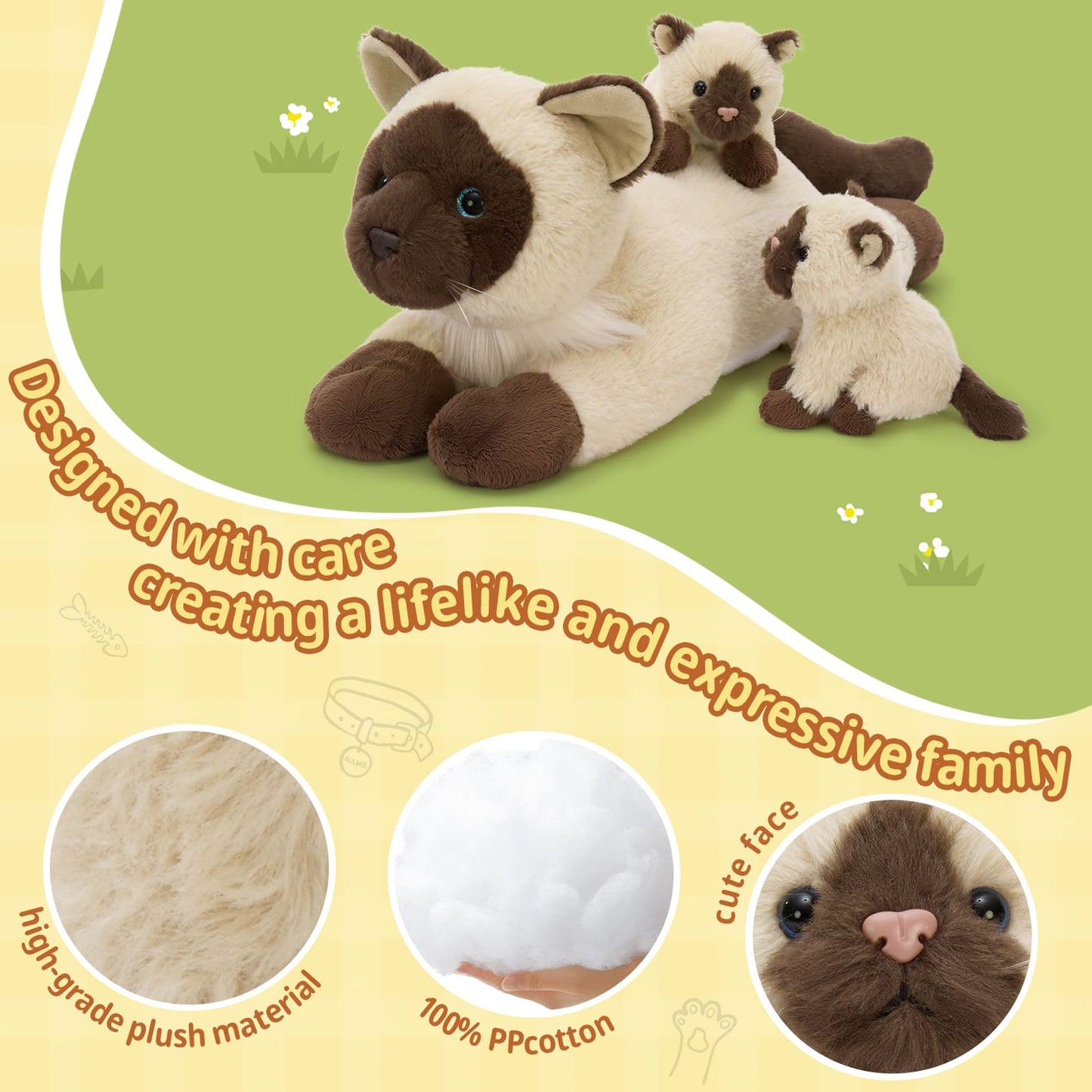 Plush cat family toy set with text on a green and yellow background