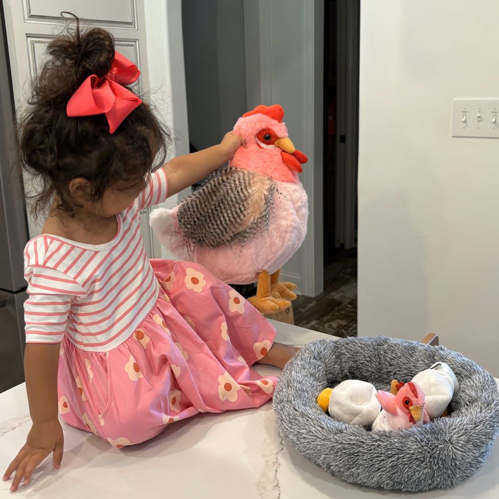 Lifelike Big Rooster Chicken, Three Mini Chicks, Three Chicken Eggs, and a Chicken Coop Plush Toy Set - Farm Chicken Stuffed Animals Set for Children - Stuffed Animals with Babies in the Belly - Stuffed Animal Babies with Their Mom - Realistic Chicken Plush Dolls for Kids Teens Adults