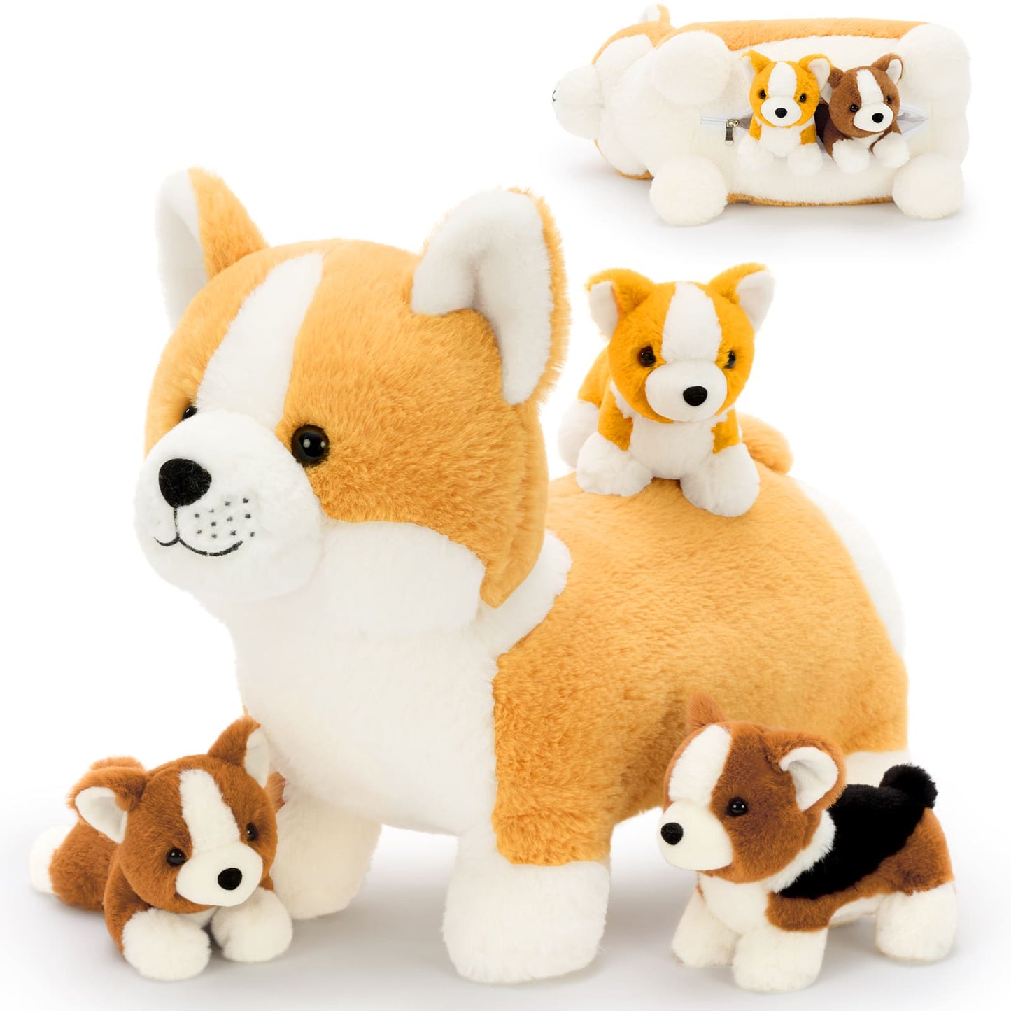 Corgi Stuffed Animals with Three Puppies Inside the Belly - Kawaii Dog Plush Toys for Children - Gift for Pet Lovers