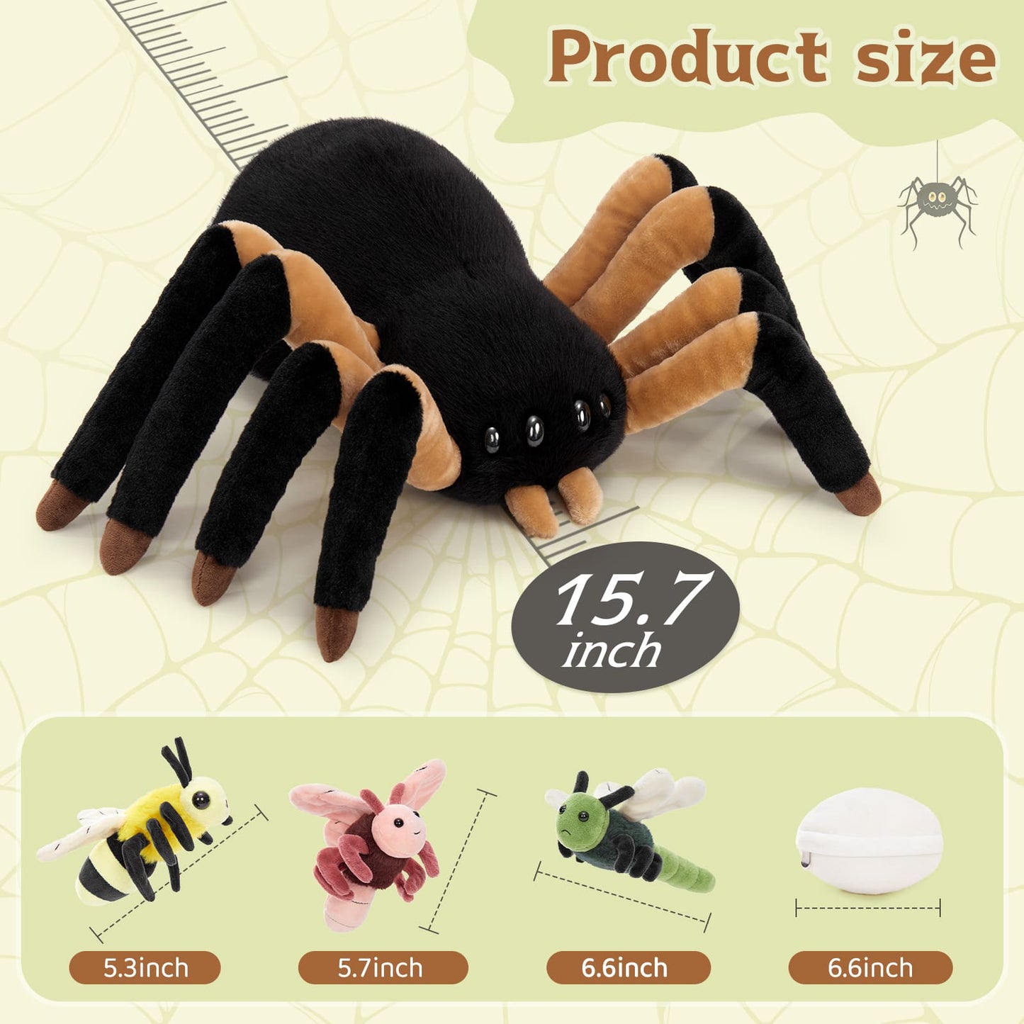 MorisMos 5 Pcs Spider Stuffed Animal, 16-inch Large Spider Plush with Butterfly, Dragonfly, Bee, Eggshell, Soft Plush Toys for Kids, Boys, Girls