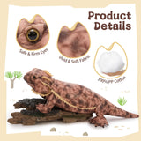 Toy lizard with product details on a beige background