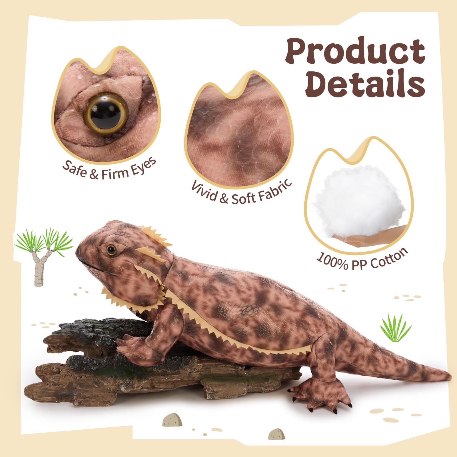 Toy lizard with product details on a beige background