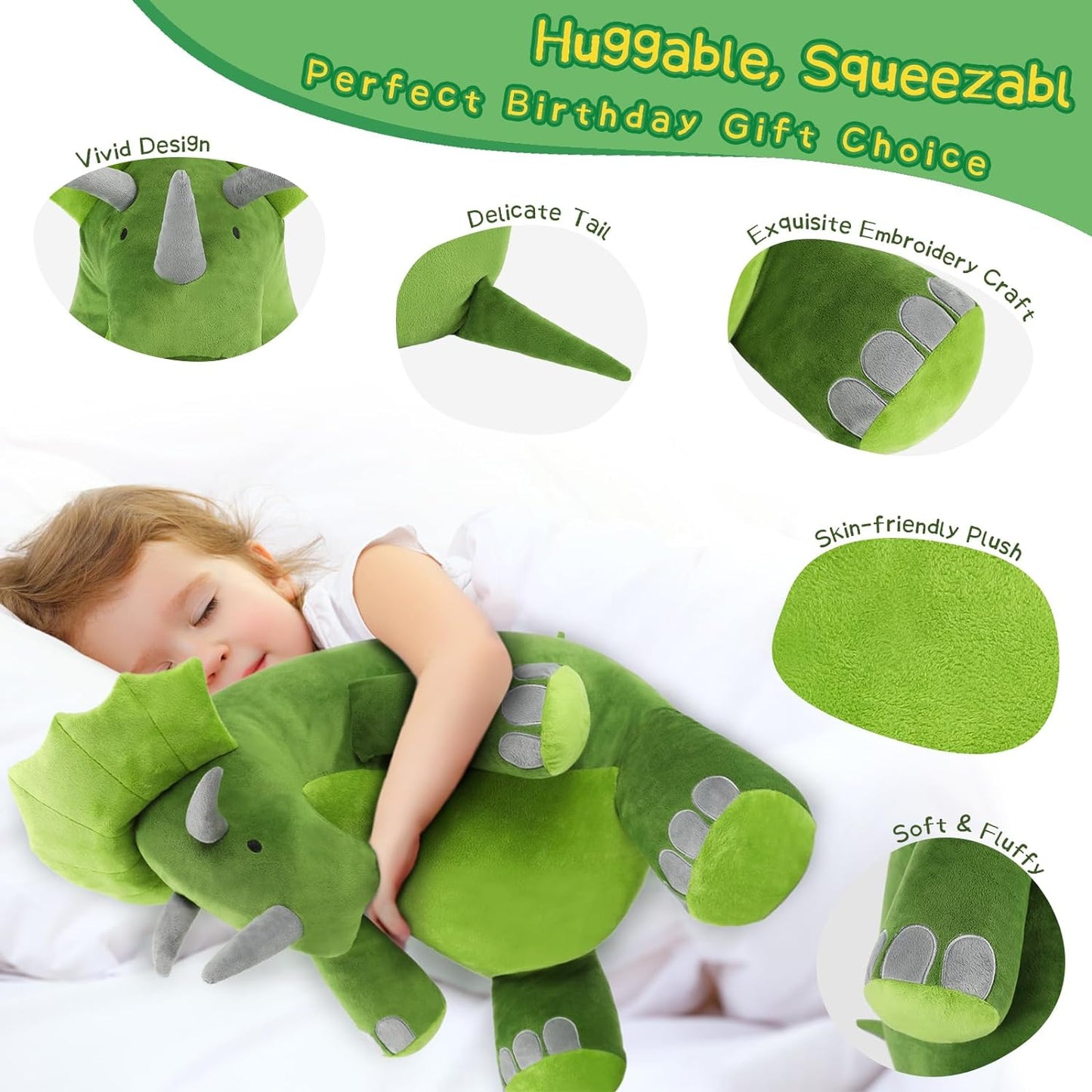 Lifelike Triceratops Stuffed Animals - Realistic Triceratops  Plush Toys - Jurassic World Toys for Children - Dinosaur Plushies - Green Dino Stuffies - Birthday Christmas Gift for Children - Cartoon Dino Plush Pillows for Girls Boys