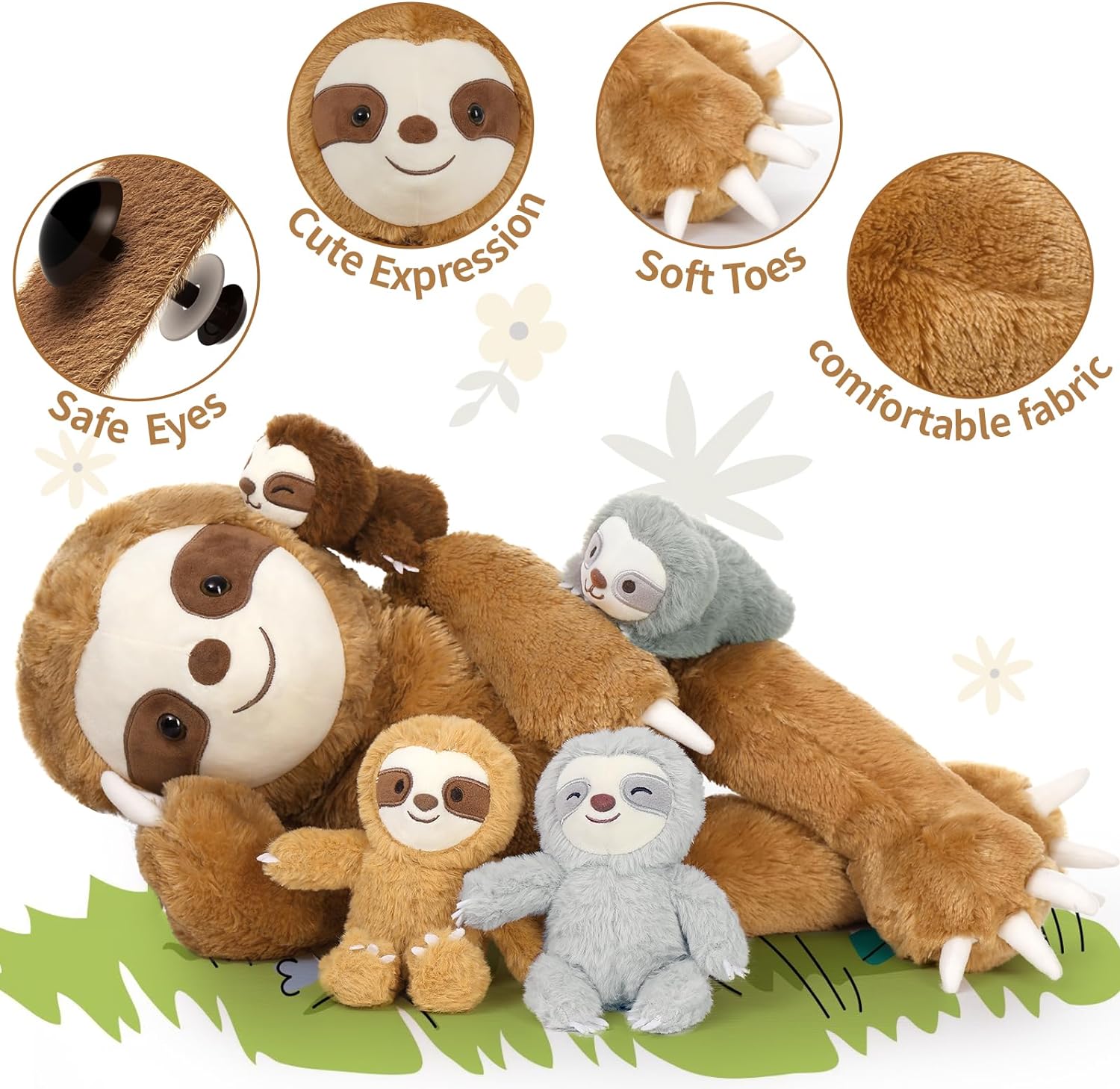 Sloth Mom Plushie with Four Babies, 23.6 Inches