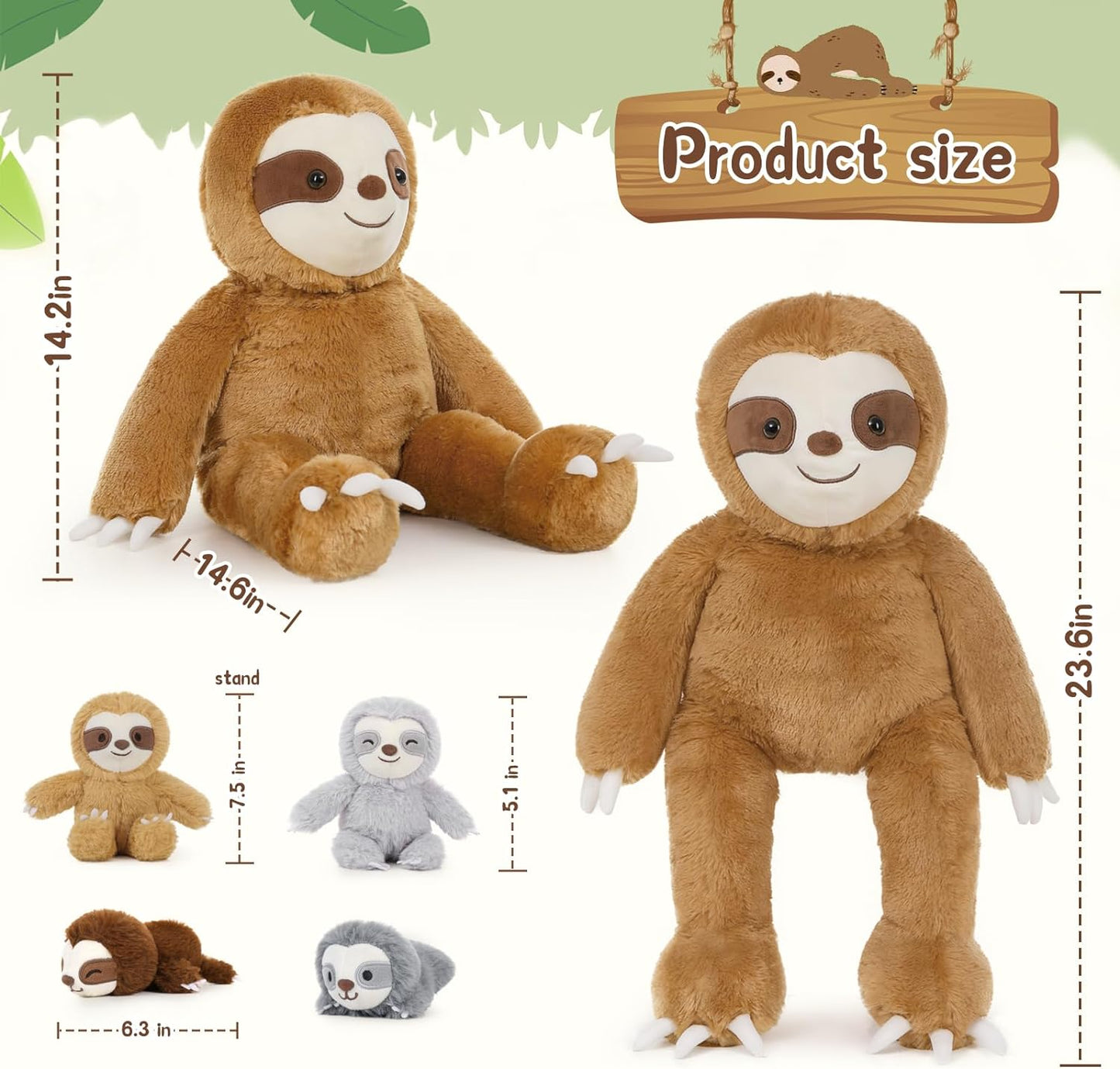 Sloth Mom Plushie with Four Babies, 23.6 Inches - MorisMos Stuffed Animals