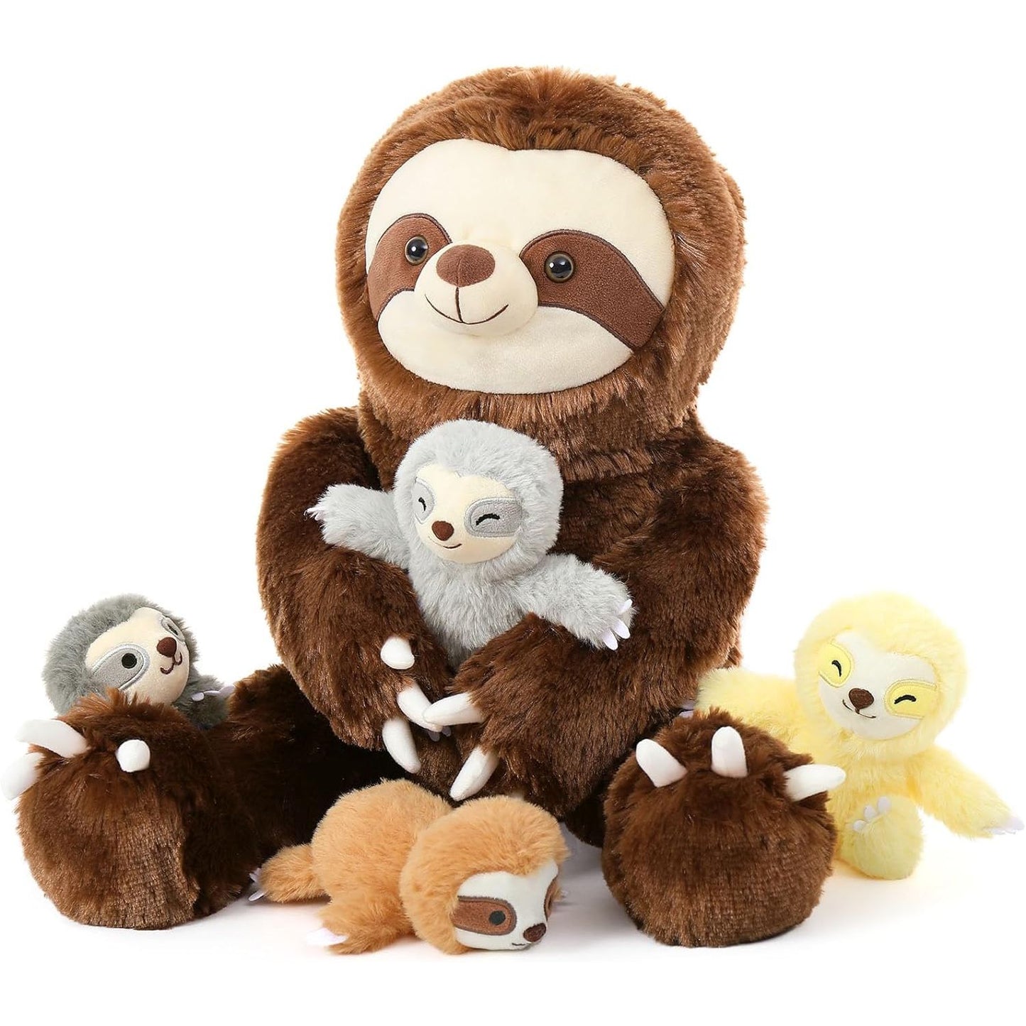 Large Lifelike Sloth Stuffed Animals - Sloth Mommy Stuffed Animal with 4 Babies in Her Tummy - 5 Pcs Realistic Sloth Plush Toys - Sloth Stuffed Animal Babies with Their Mom - Funny Sloth Gifts for Girls Boys - Christmas Birthday Gift for Friends