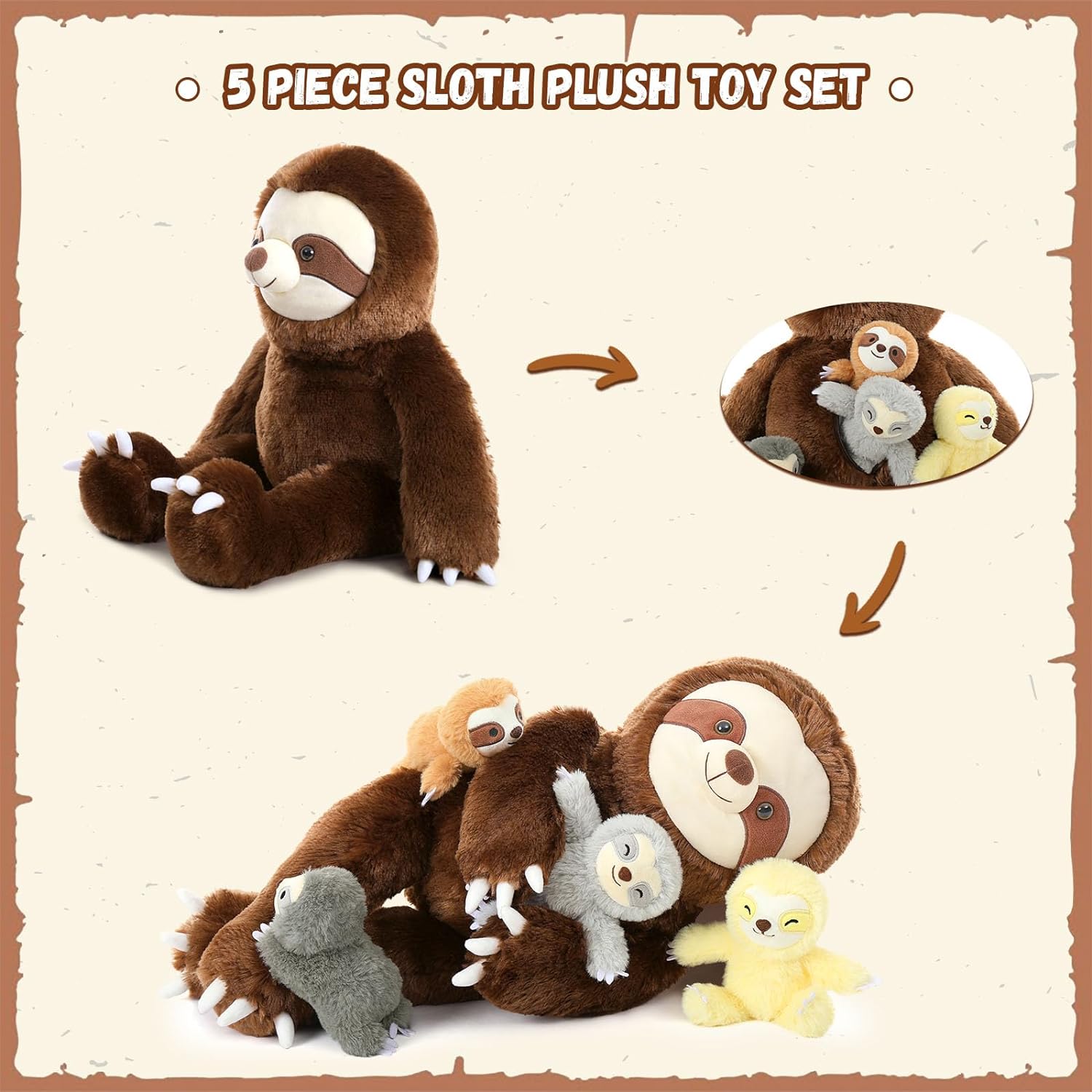 Sloth Stuffed Animal Toys, Dark Brown, 24 Inches