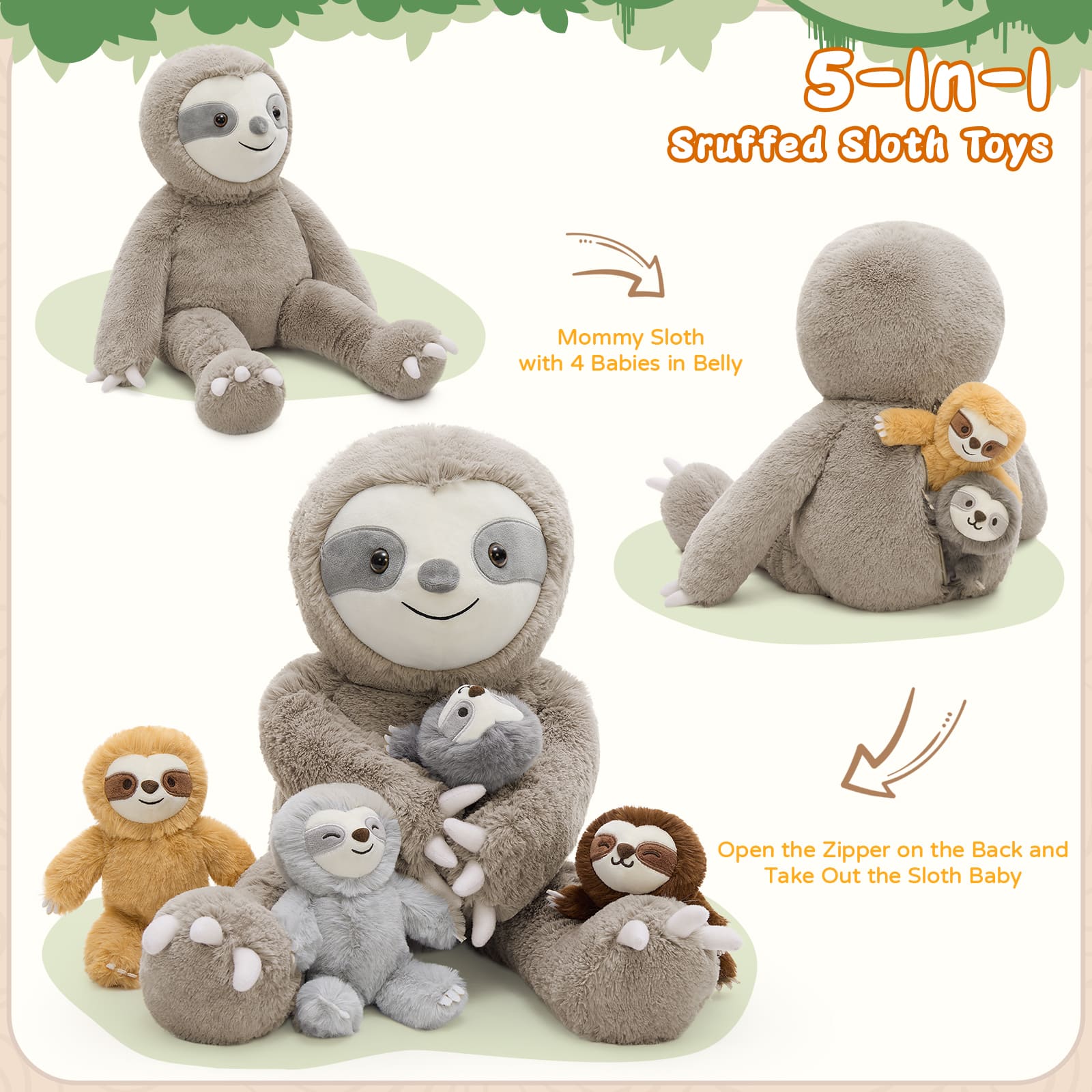 Stuffed Sloth with Four Baby Sloth Plushies Inside, Dark Brown, 24 Inches