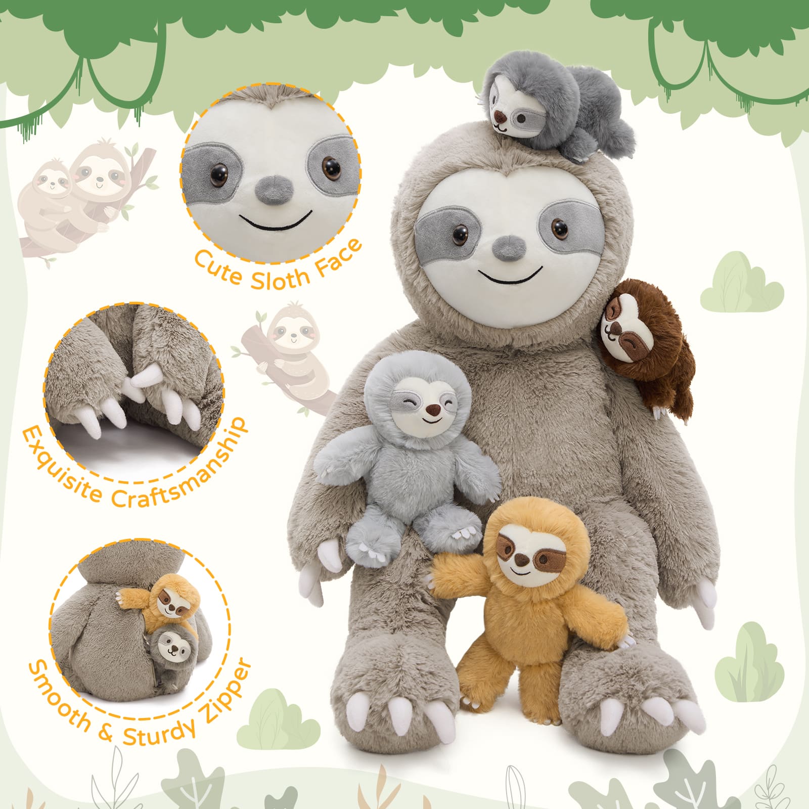 Stuffed Sloth with Four Baby Sloth Plushies Inside, Dark Brown, 24 Inches