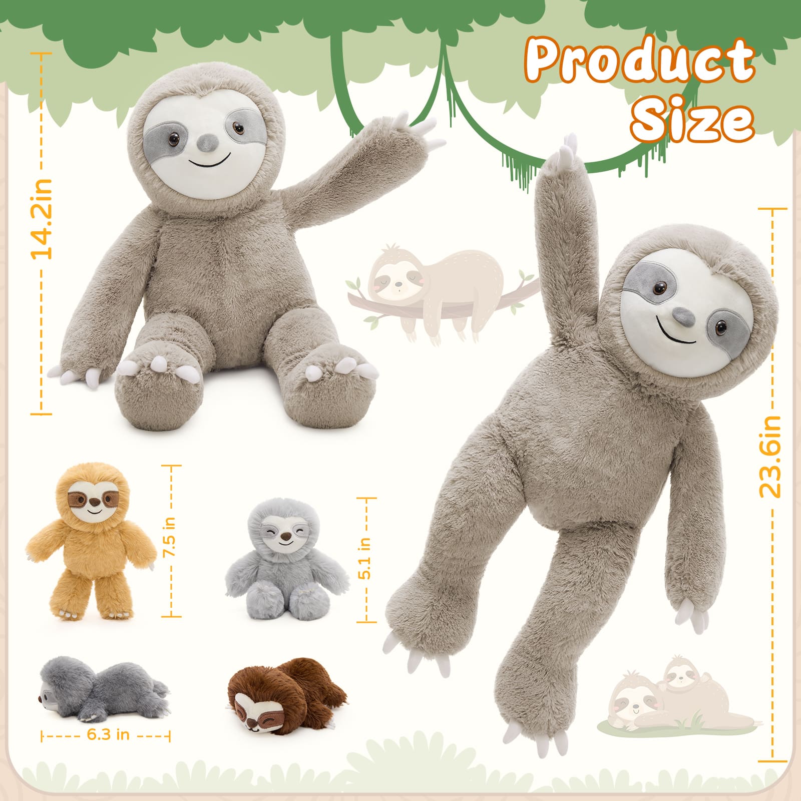 Stuffed Sloth with Four Baby Sloth Plushies Inside, Dark Brown, 24 Inches