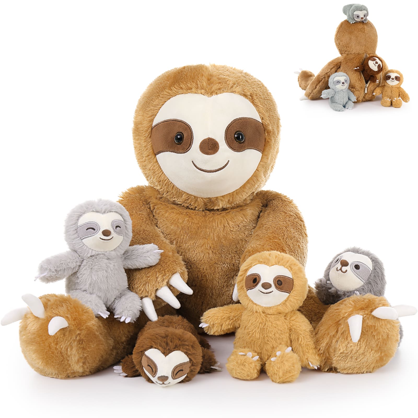 Stuffed Sloth with Four Baby Sloth Plushies Inside, Dark Brown, 24 Inches