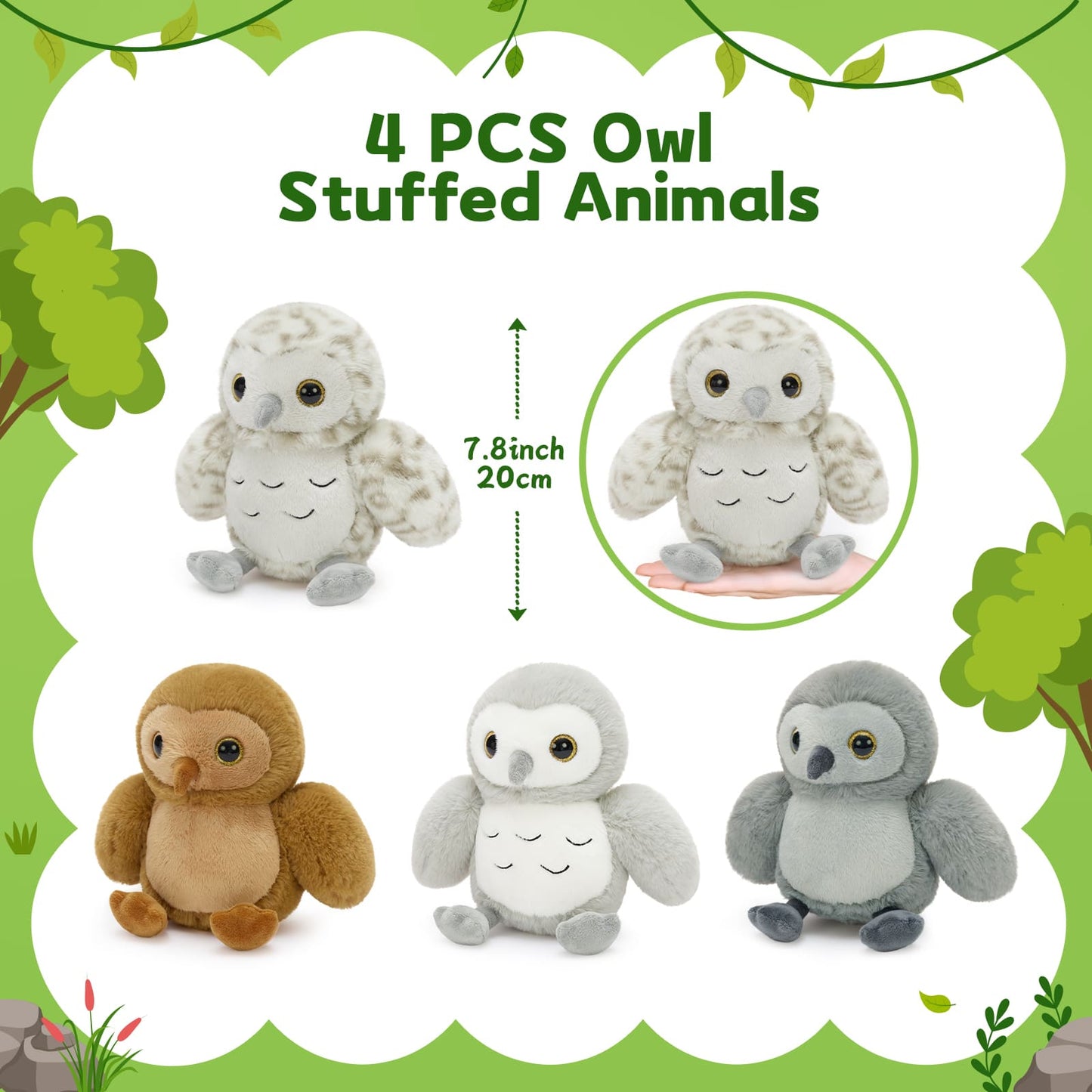 Soft owl plush toy set in multiple colors, featuring a round, cuddly design, fluffy wings, embroidered details, and shiny eyes, sitting upright.