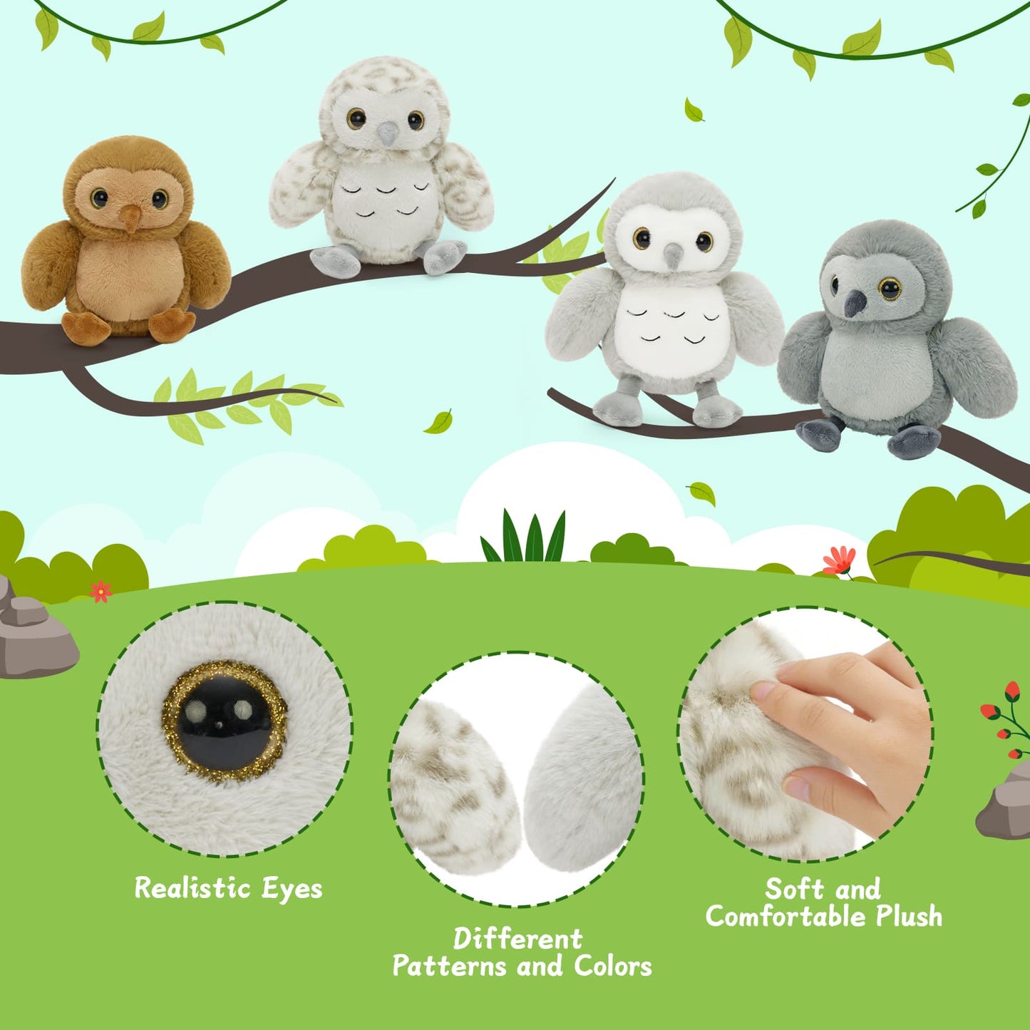 Soft owl plush toy set in multiple colors, featuring a round, cuddly design, fluffy wings, embroidered details, and shiny eyes, sitting upright.