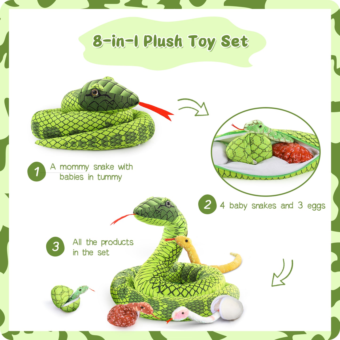 Snake Stuffed Animal Toy Set, Green, 118 Inches - MorisMos Jungle Stuffed Animals - Wild Animal Plush Toys
