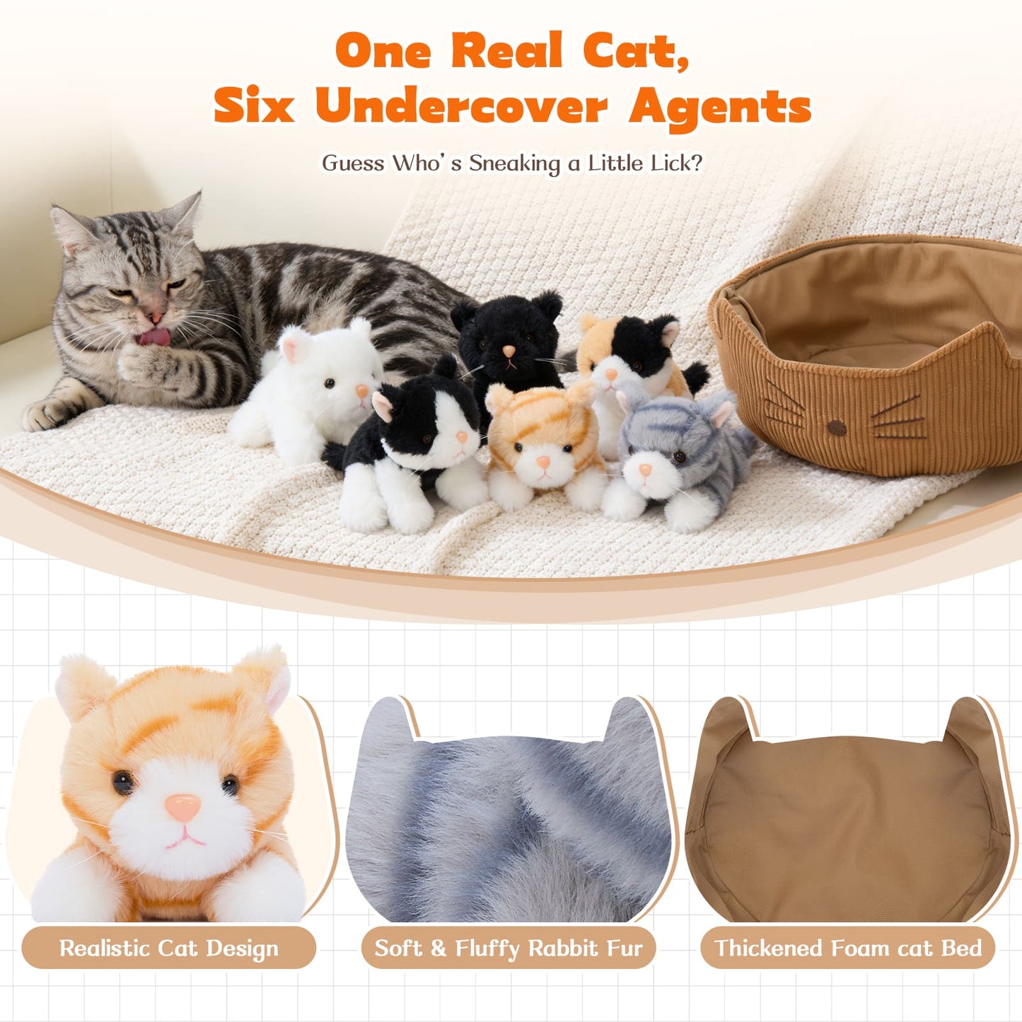 Adorable kitten stuffed animals in various colors and patterns sitting inside and around a small basket, showcasing their fluffy texture and lifelike details for kids and cat lovers.