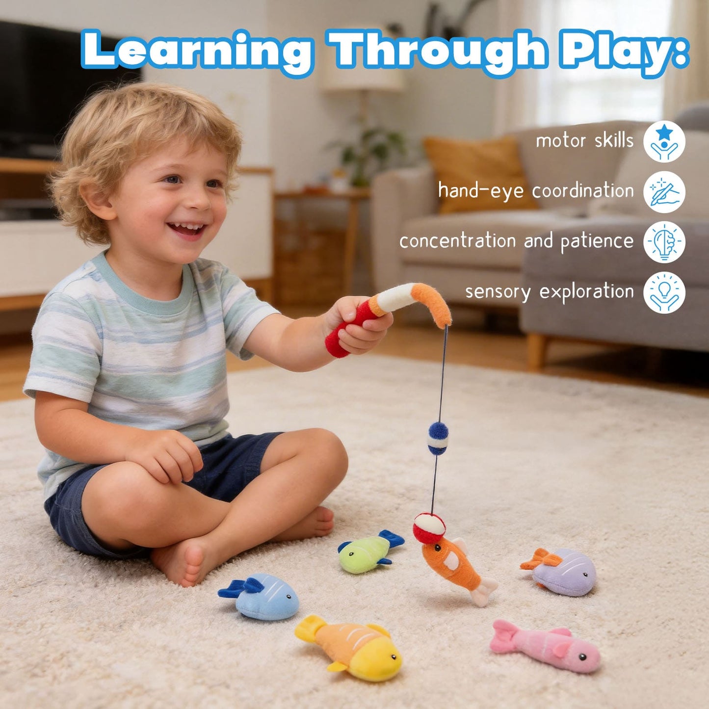 Cute soft fishing toy playset for toddlers featuring plush fish, pretend fishing rod, and portable tackle box storage case.