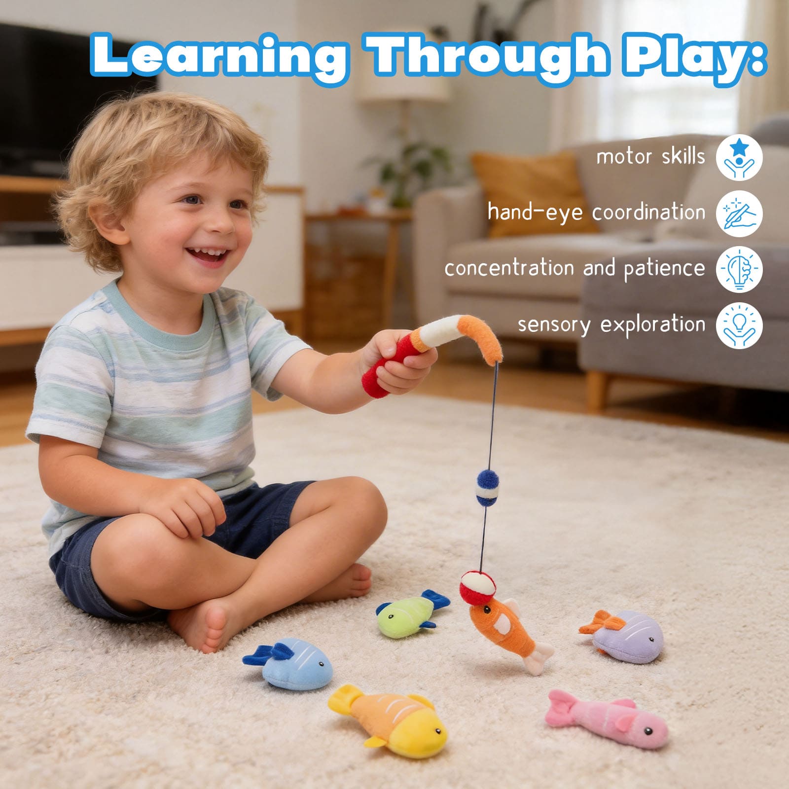 Plush Fishing Toy Set with Soft Fish & Tackle Box – Kids Pretend Play Fishing Game