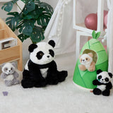 Panda Plush Toy Set with Three Babies and Bamboo Shoot Storage House