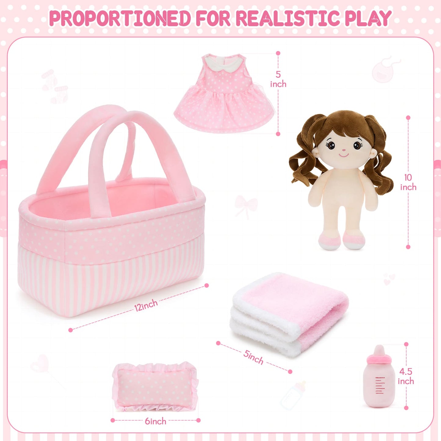 Rag doll stuffed toy with fabric bag and baby bottle, soft doll for pretend play.