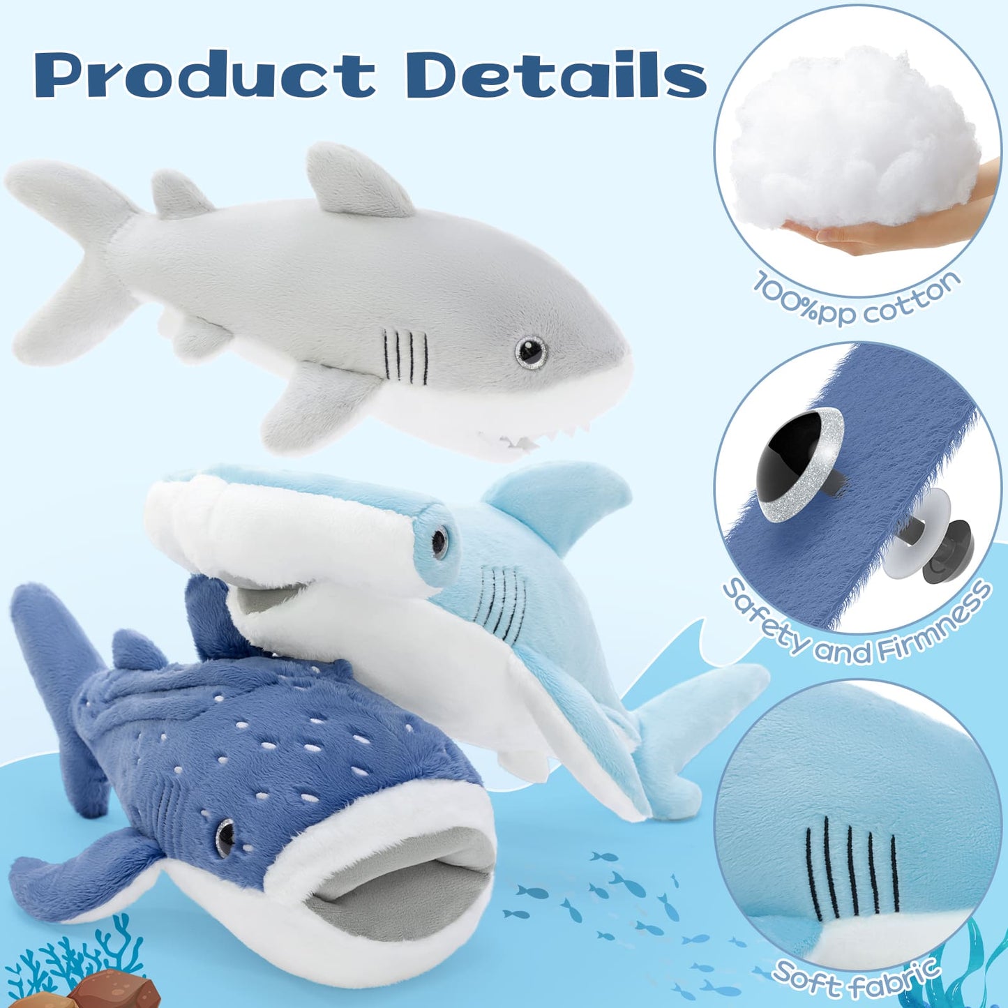 Soft ocean animal stuffed toys including shark plush, whale shark plush toy, and hammerhead shark stuffed animal for children, nursery decor, and marine life gifts