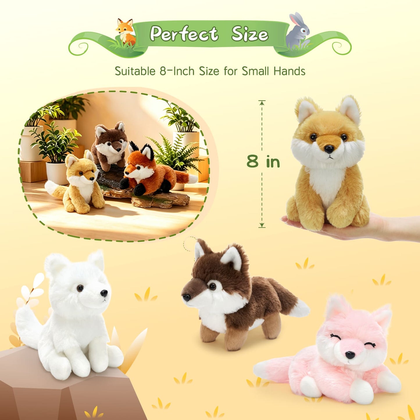 Cute 8 inch fox stuffed animal plush set featuring six soft woodland fox plushies for children and collectors