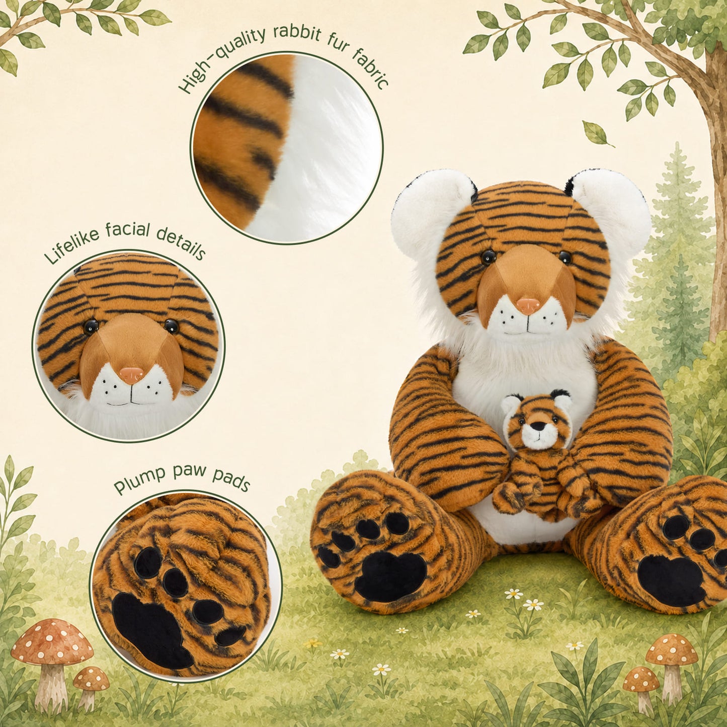 Large tiger stuffed animal holding baby tiger cub plush toy, perfect gift for wildlife lovers and children