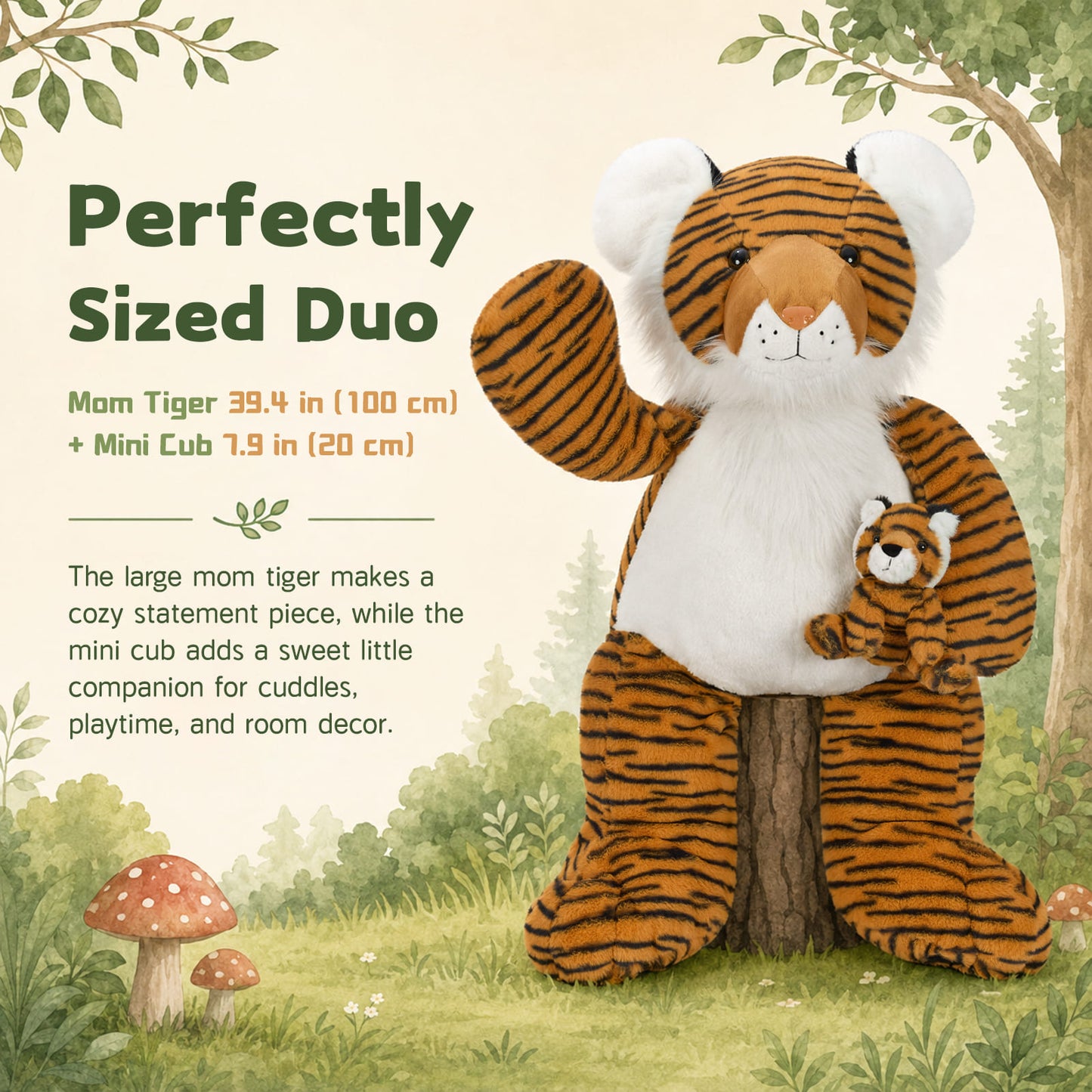 Realistic tiger plush teddy bear with matching tiger cub, soft cuddly stuffed animal for nursery décor and play