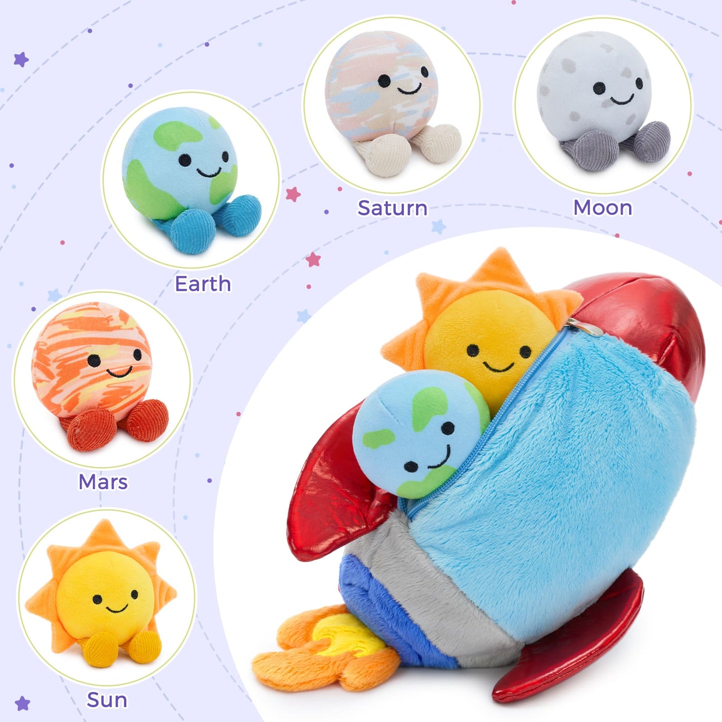 Soft rocket ship plush with cute sun, earth, and moon plush toys