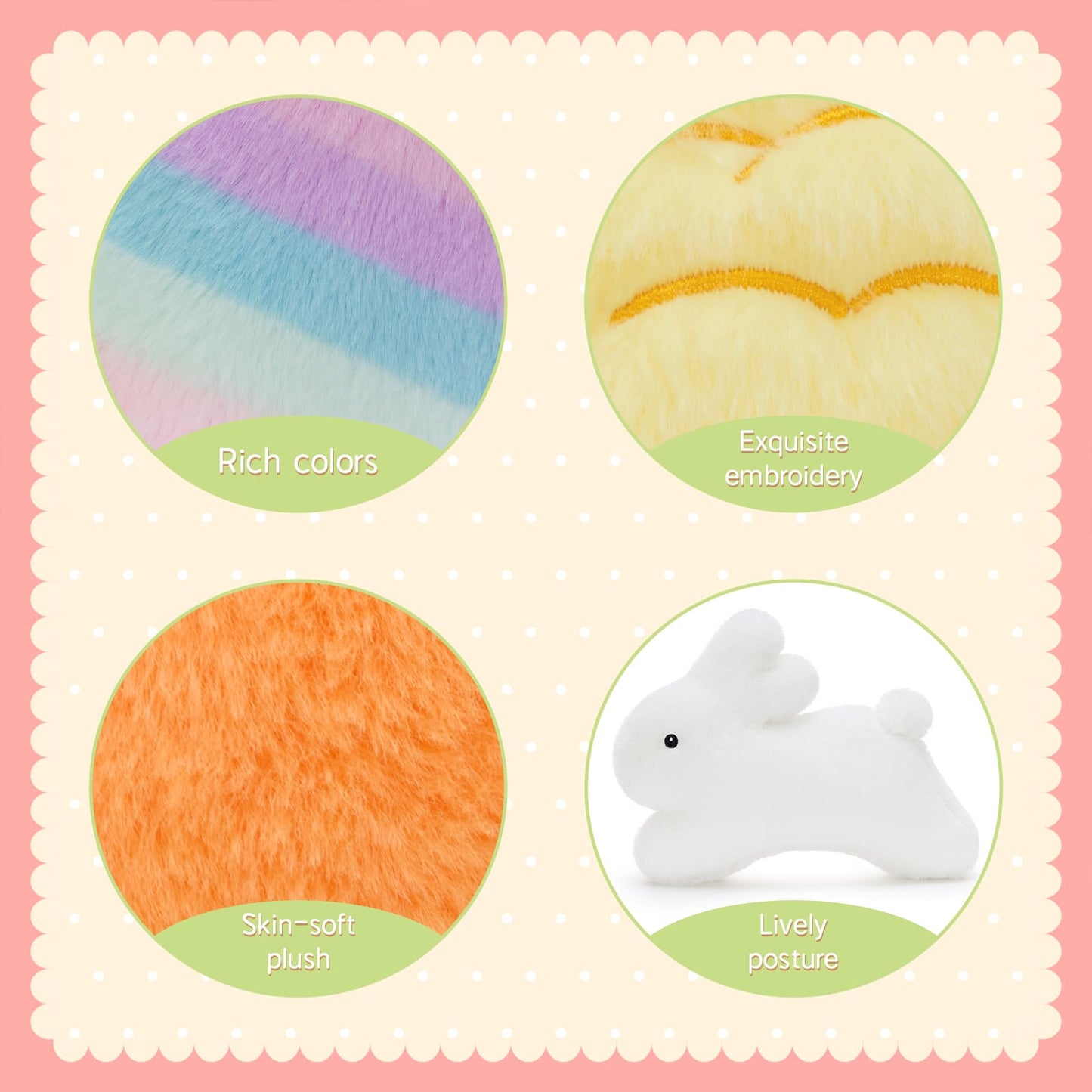 Cute spring holiday plush toys featuring bunny stuffed animals, chick plush toy, carrot plush, and pastel Easter egg plush toys for kids and nursery decoration