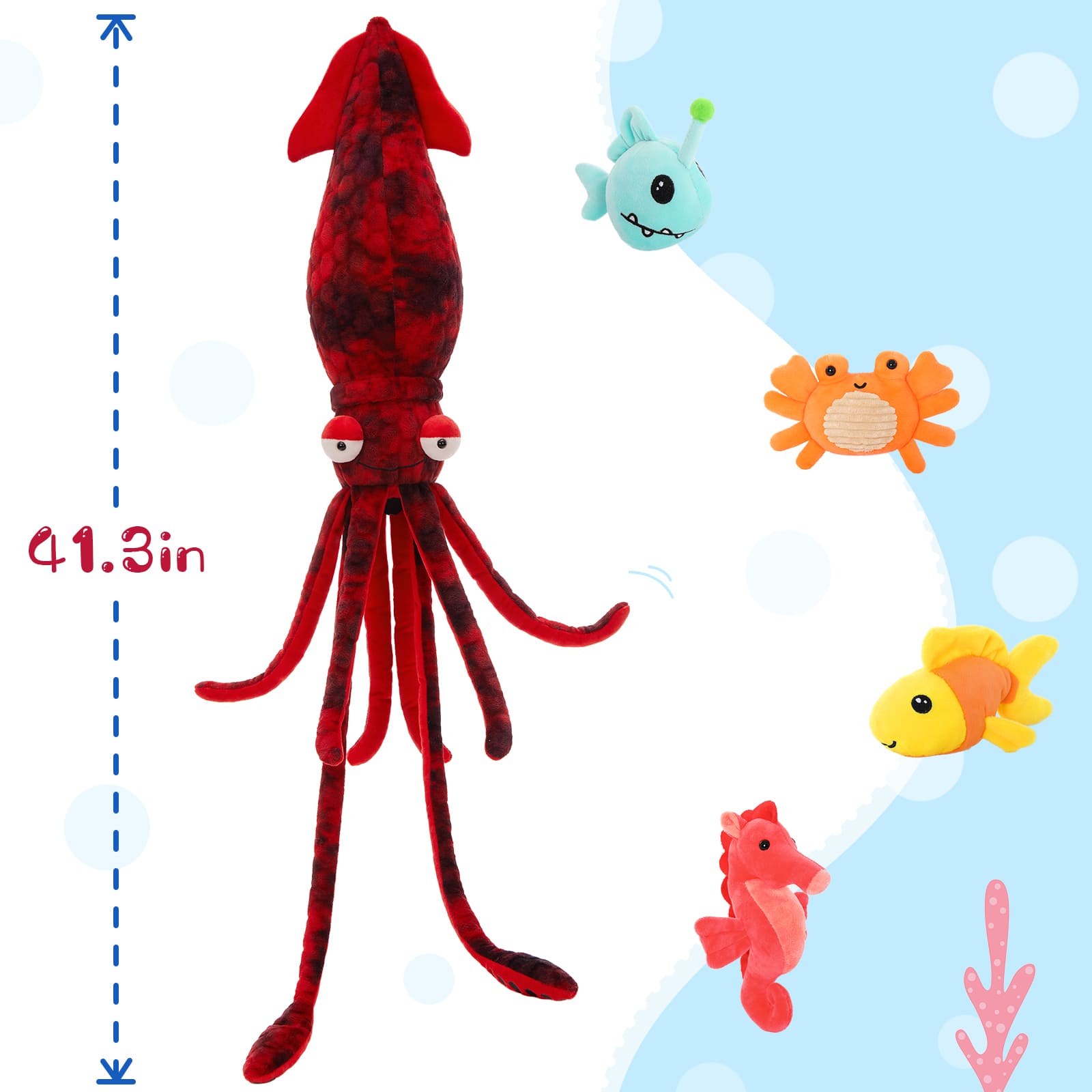 Squid Plush Toys Ocean Stuffed Animals, Blue/Red, 41.3 Inches